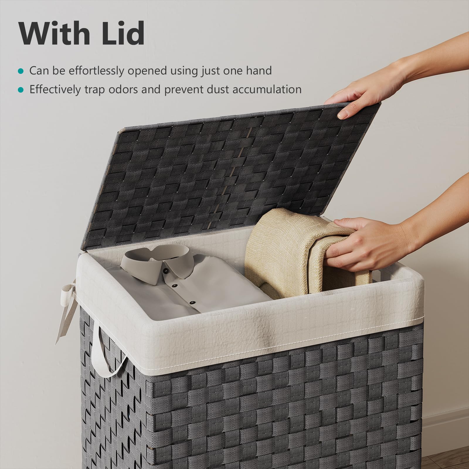 Laundry Hamper Basket With Lid By Fiona'S Magic, Handwoven 96L Large Clothes Hamper With Removable Liner Bags, Collapsible Tall