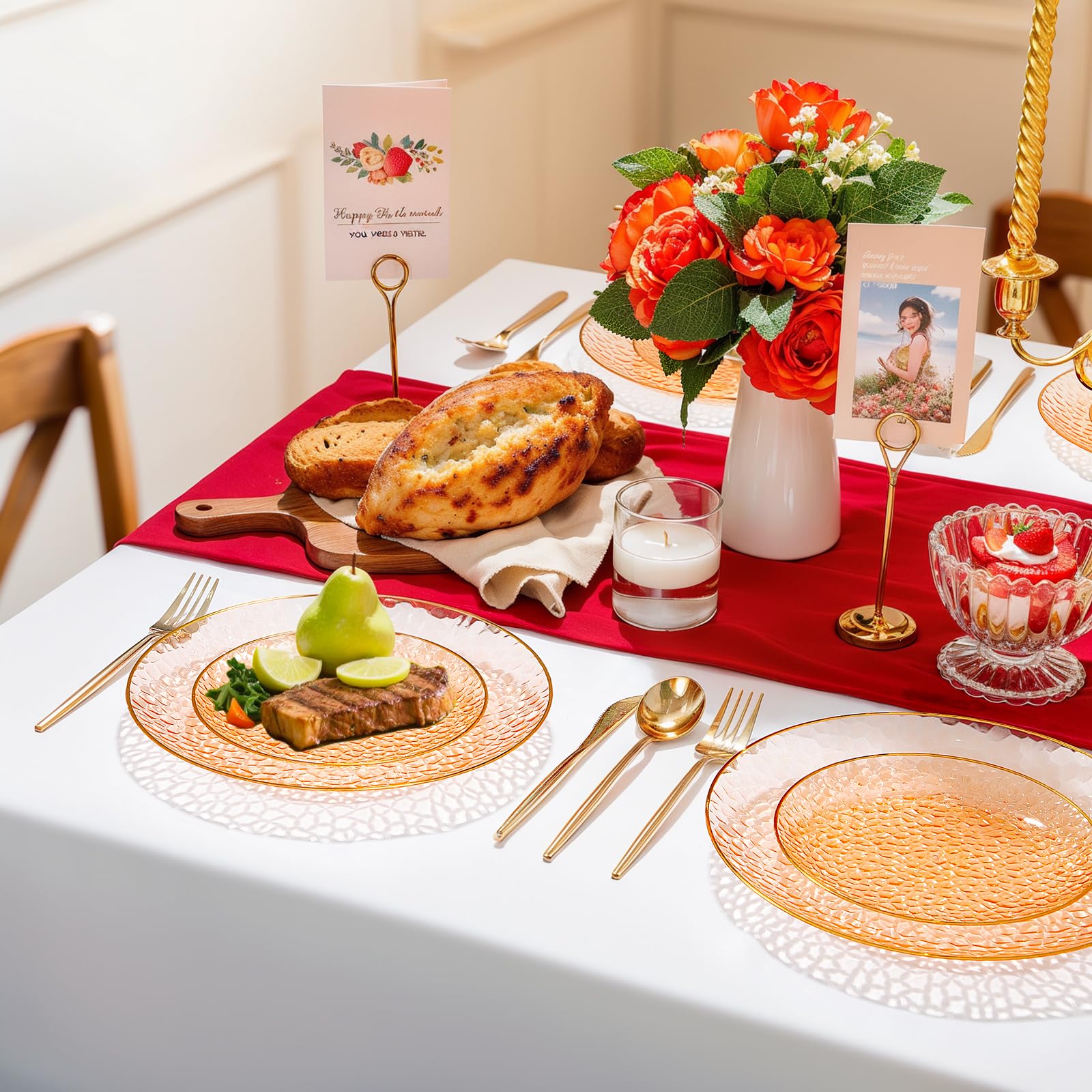 Rubtlamp 60Pcs Orange Plastic Plates, Orange Disposable Plates With Gold Rim, Hammered Plastic Plates Include 30 Dessert Platos,
