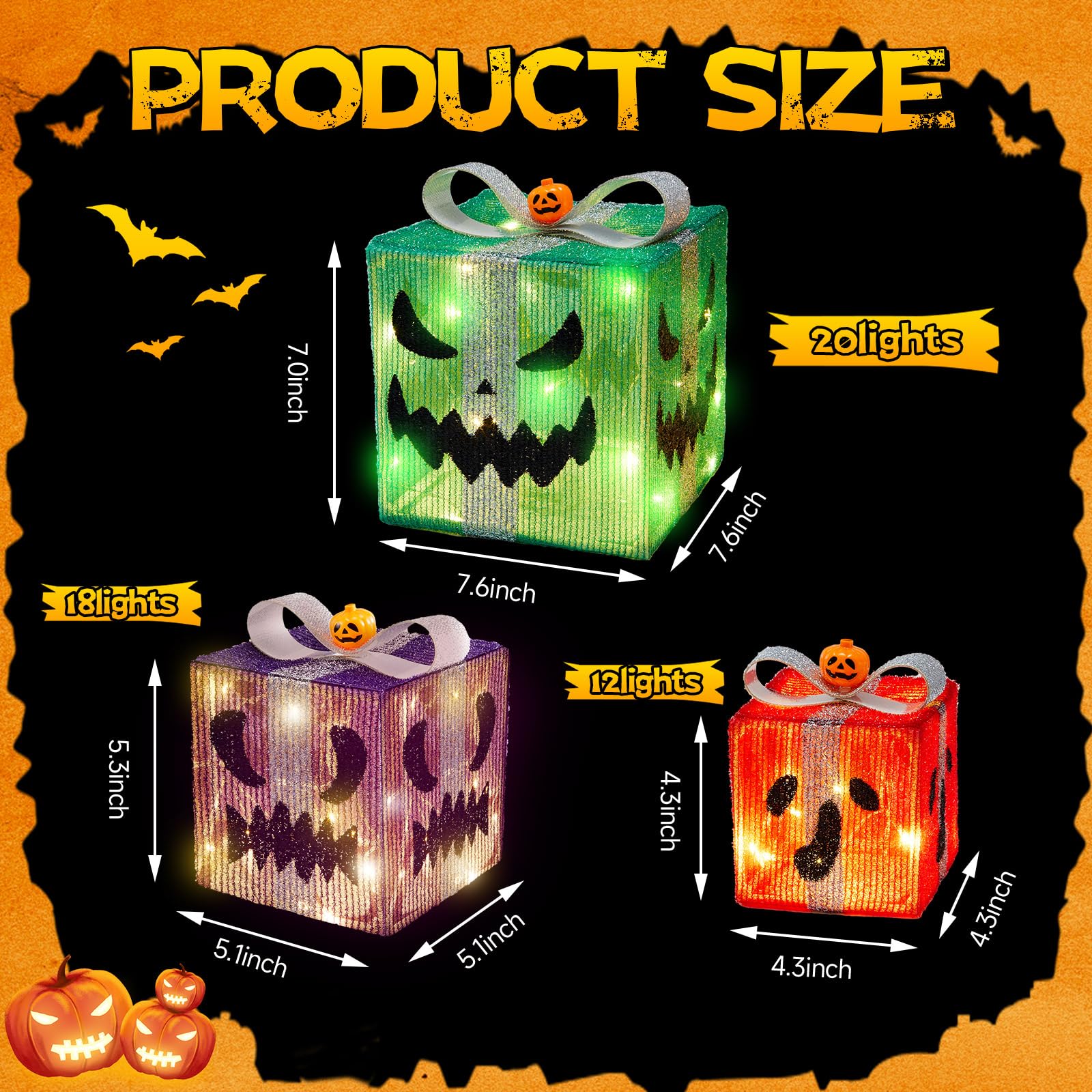 Otoolling 3 Pack Lighted Halloween Pumpkin Gift Boxes with 8 Modes Lighted Battery Operated Jack O Lantern Presents Boxes Hallow