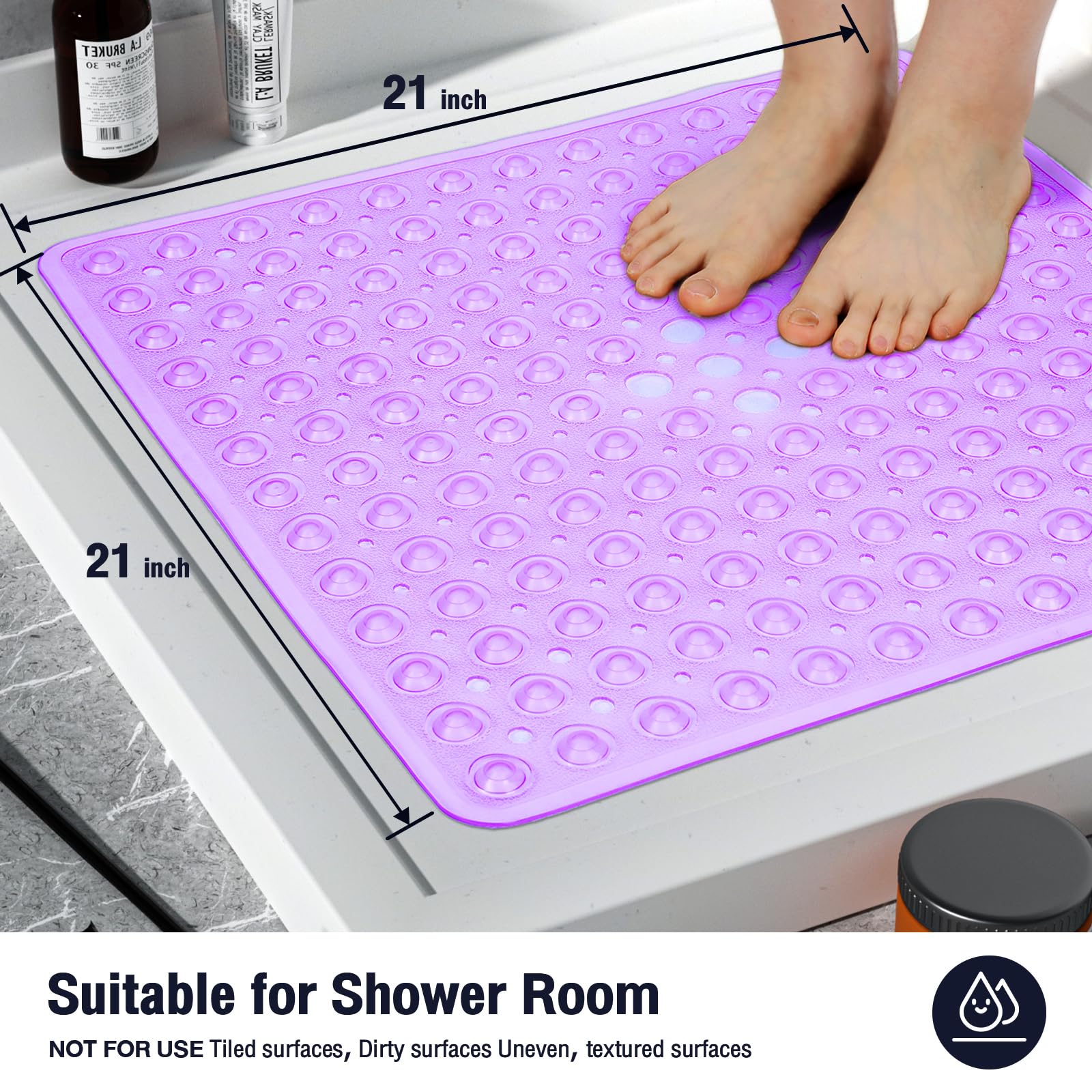 Naoloture Square Shower Bathtub Mat Non Slip For Inside Shower Clear Purple 21X21 Inch, Shower Stall Mats For Bathroom Floor, So