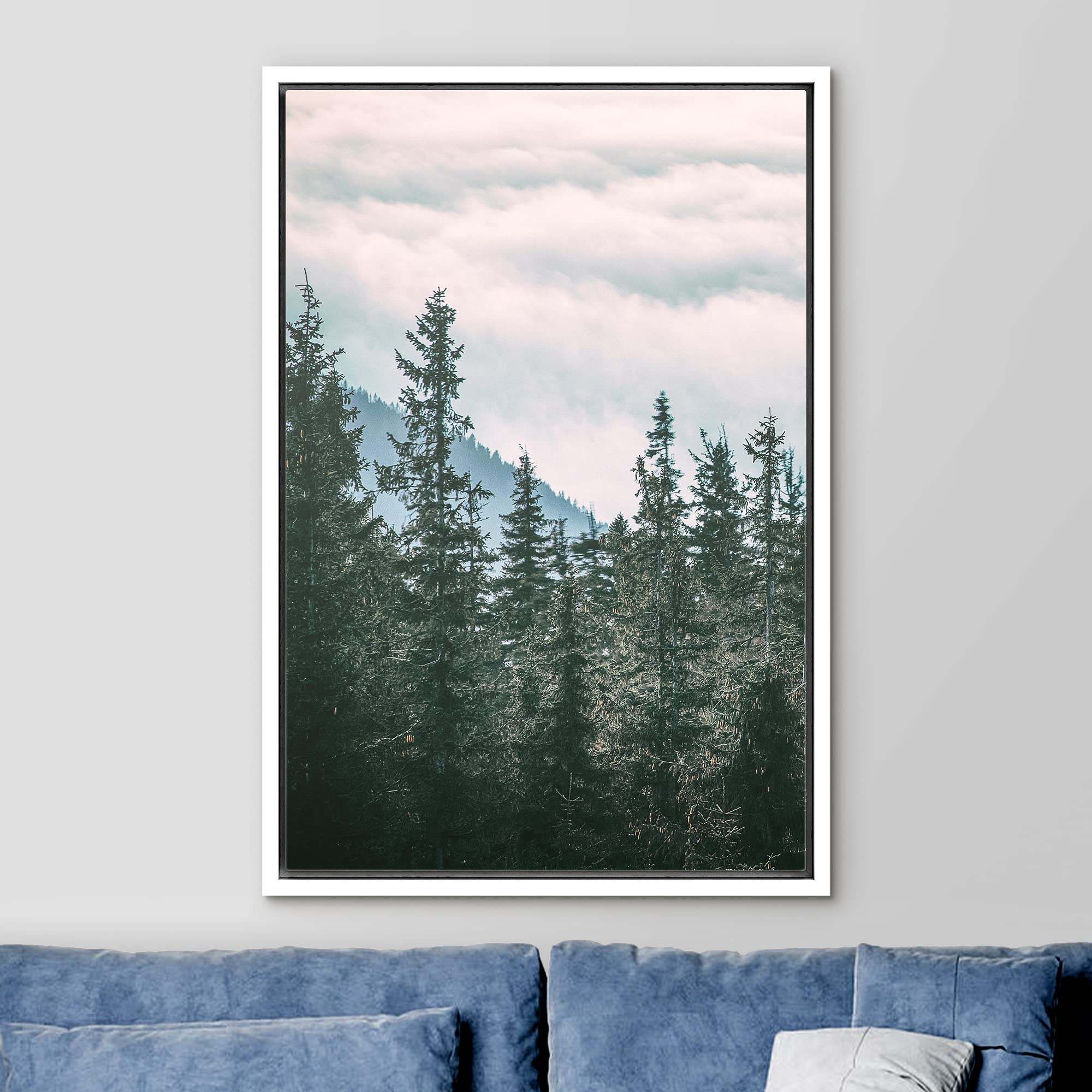 Ashbrook Framed Canvas Print Wall Art Washed Out Vintage Forest Trees And Mountains Nature Wilderness Photography Modern Rustic