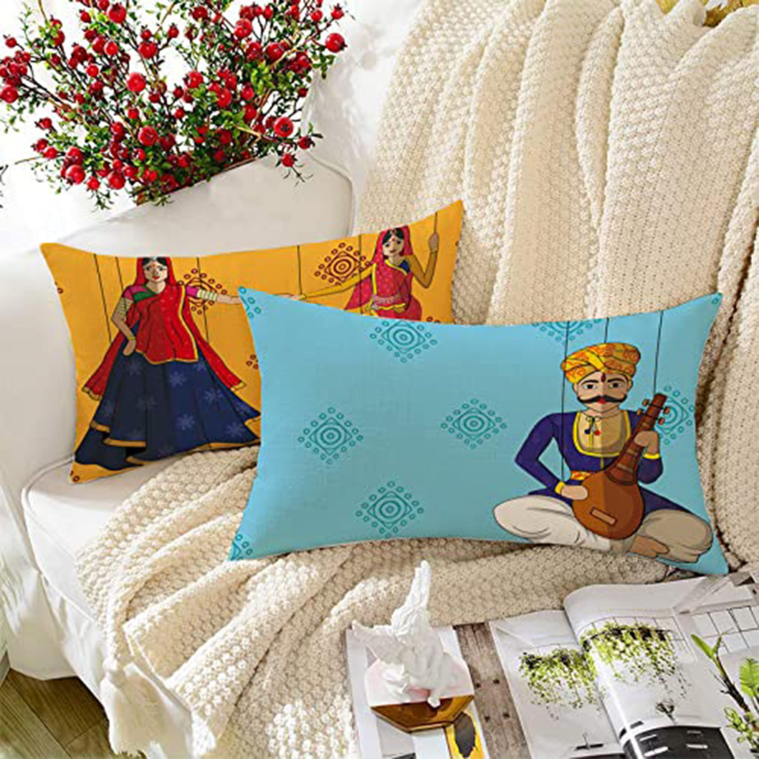Amazon Brand - Umi Rajasthani Culture Printed Polycotton Rectangular Cushion Cover, Set Of 2 (12 X 18 Inches / 30 X 45 Cm)