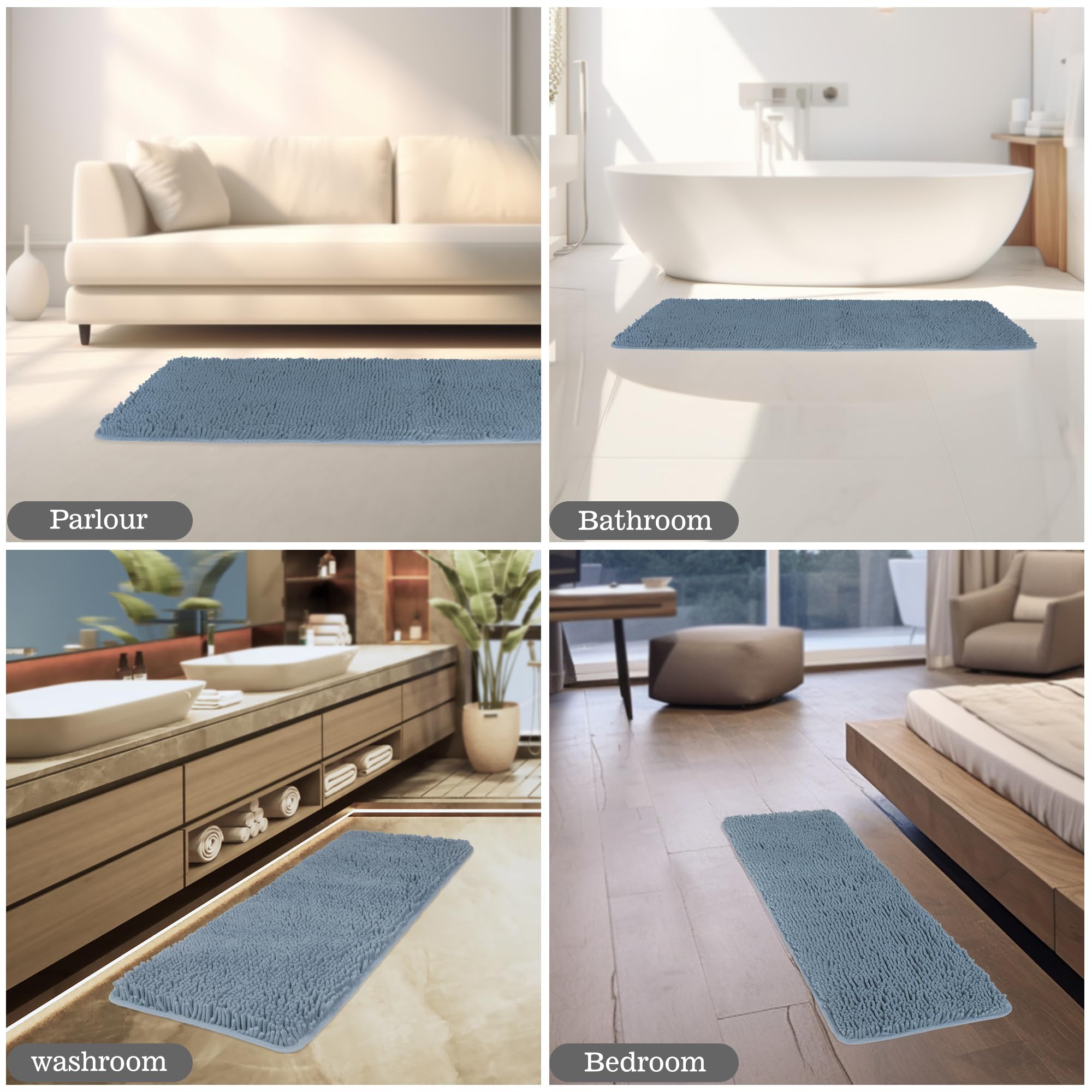 Yeaban Blue Bathroom Rugs Sets 2 Piece - Thick Chenille Bath Mats | Absorbent And Washable Bath Rug Non-Slip, Plush And Soft Rug