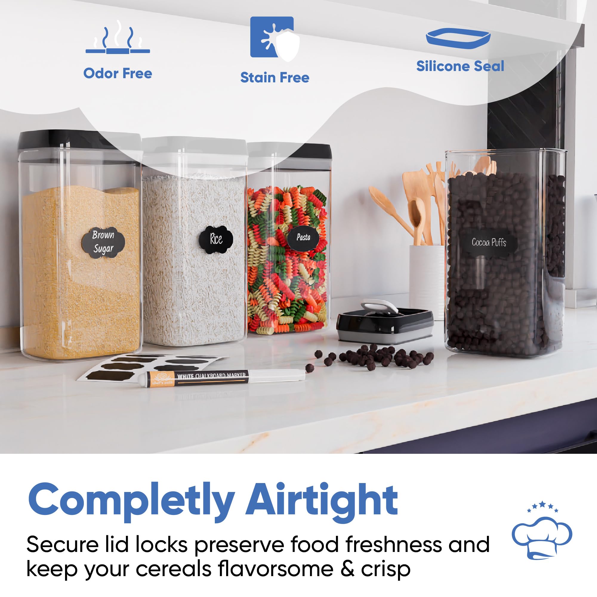 Chefs Path Airtight Food Storage Boxes with Labels - Kitchen Storage - Flour, Cereal, Pasta - Plastic Storage Boxes with Lids (