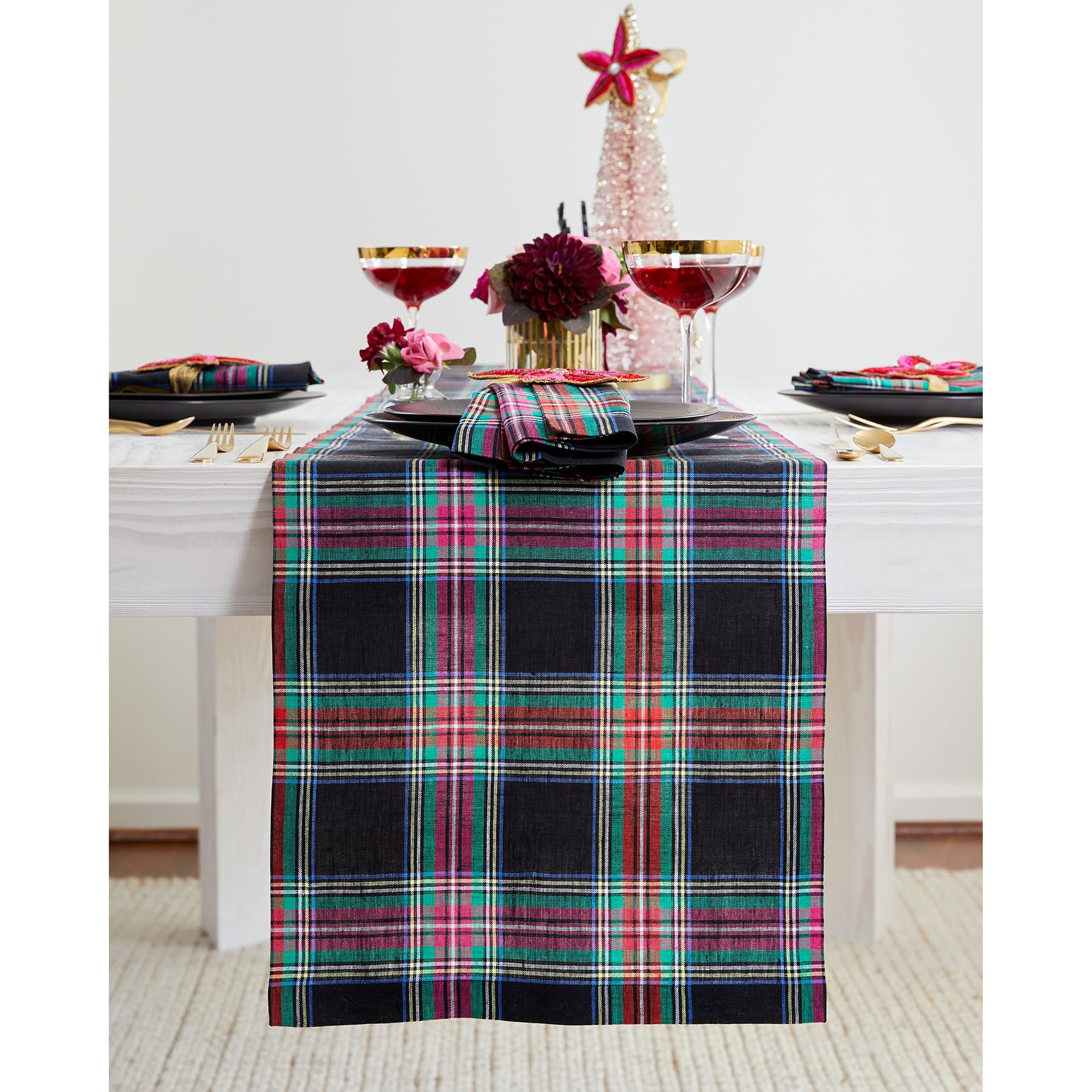 Solino Home Linen Table Runner 108 Inches Long - 100% Pure Linen Black Jewel Tartan Plaid Table Runner 14 x 108 Inch for Dining