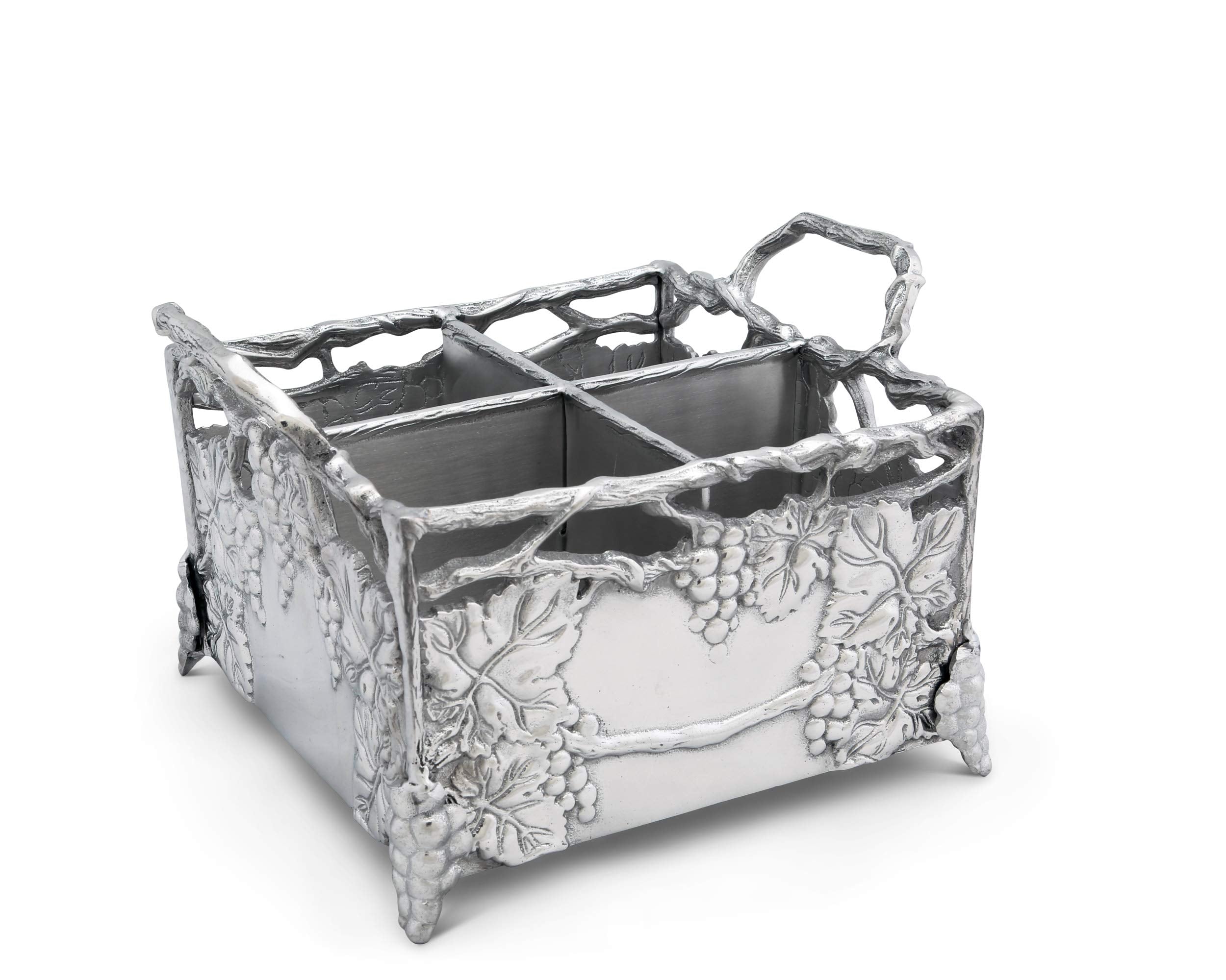 Arthur Court Designs Aluminum Metal Grapevine Flatware Silverware Caddy 8 Inch Square 7 Inch Tall