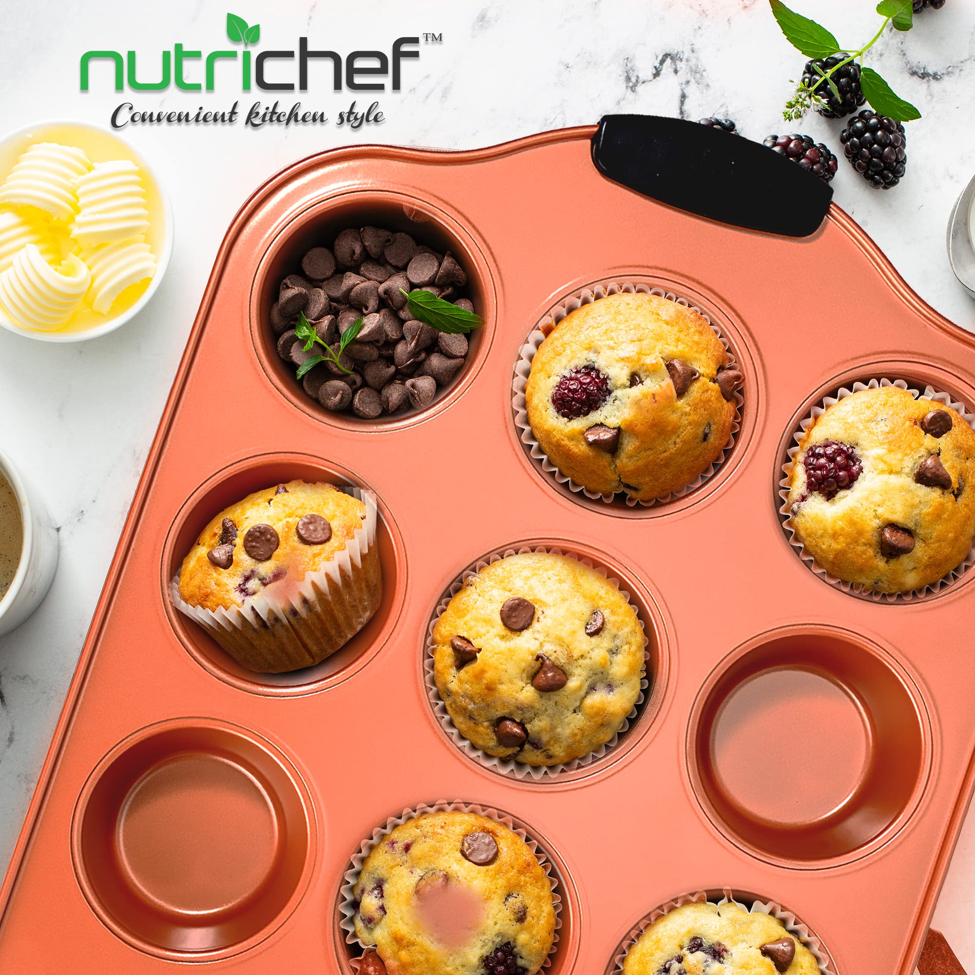 Nutrichef 12 Cup Muffin Pan, Durable And Nonstick Carbon Steel Bake Pan With Silicone Handles, Kitchen Essential Cupcake Pan, St
