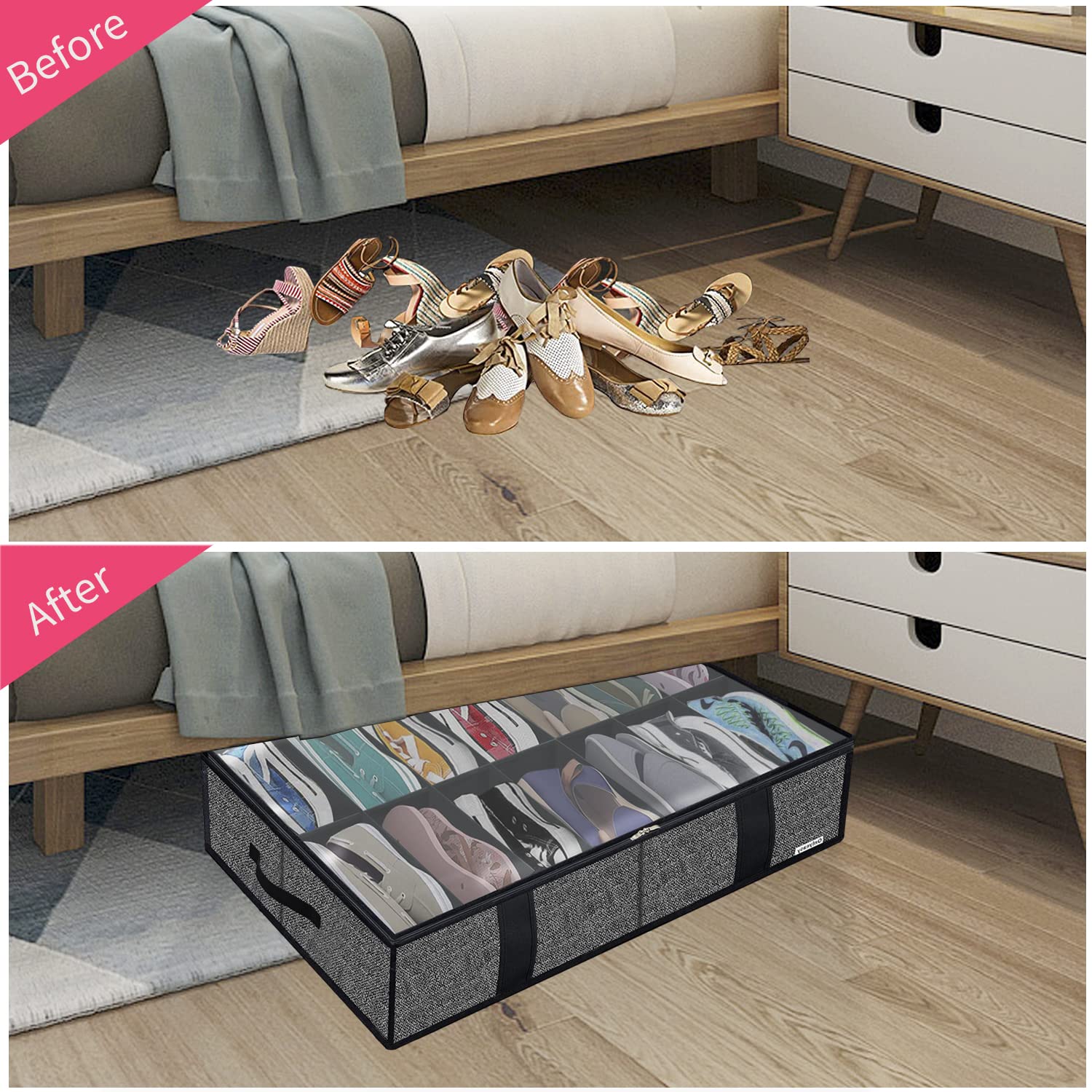 Onlyeasy 2 Pack Under Bed Shoes Storage Bag Organizer (14+4 Pairs), Collapsible Shoe Boot Container with Handles, Underbed Stora