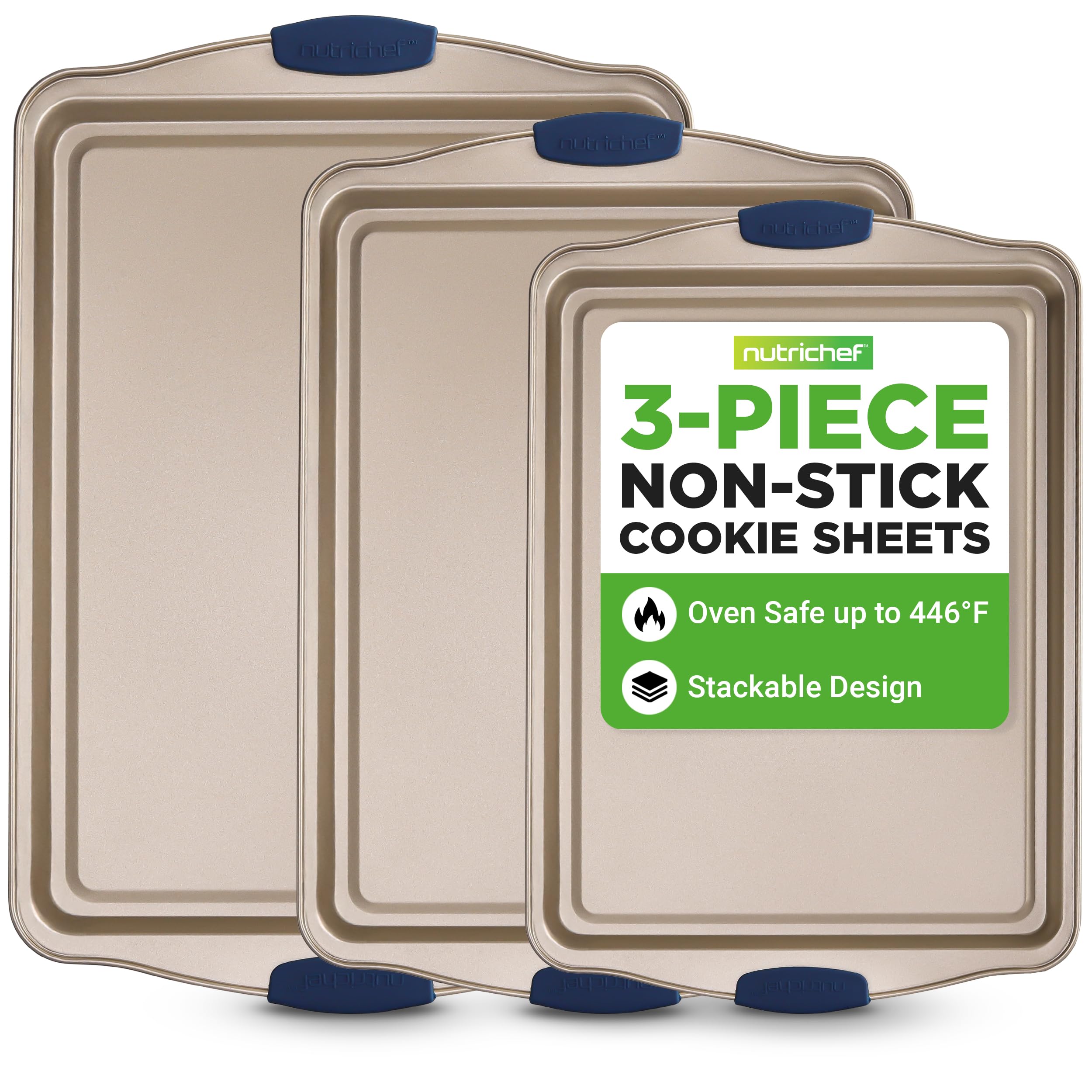 NutriChef Nonstick Baking Pans Set - Carbon Steel Bakeware with Blue Silicone Handles, Even Heat Distribution, Durable & Reliabl