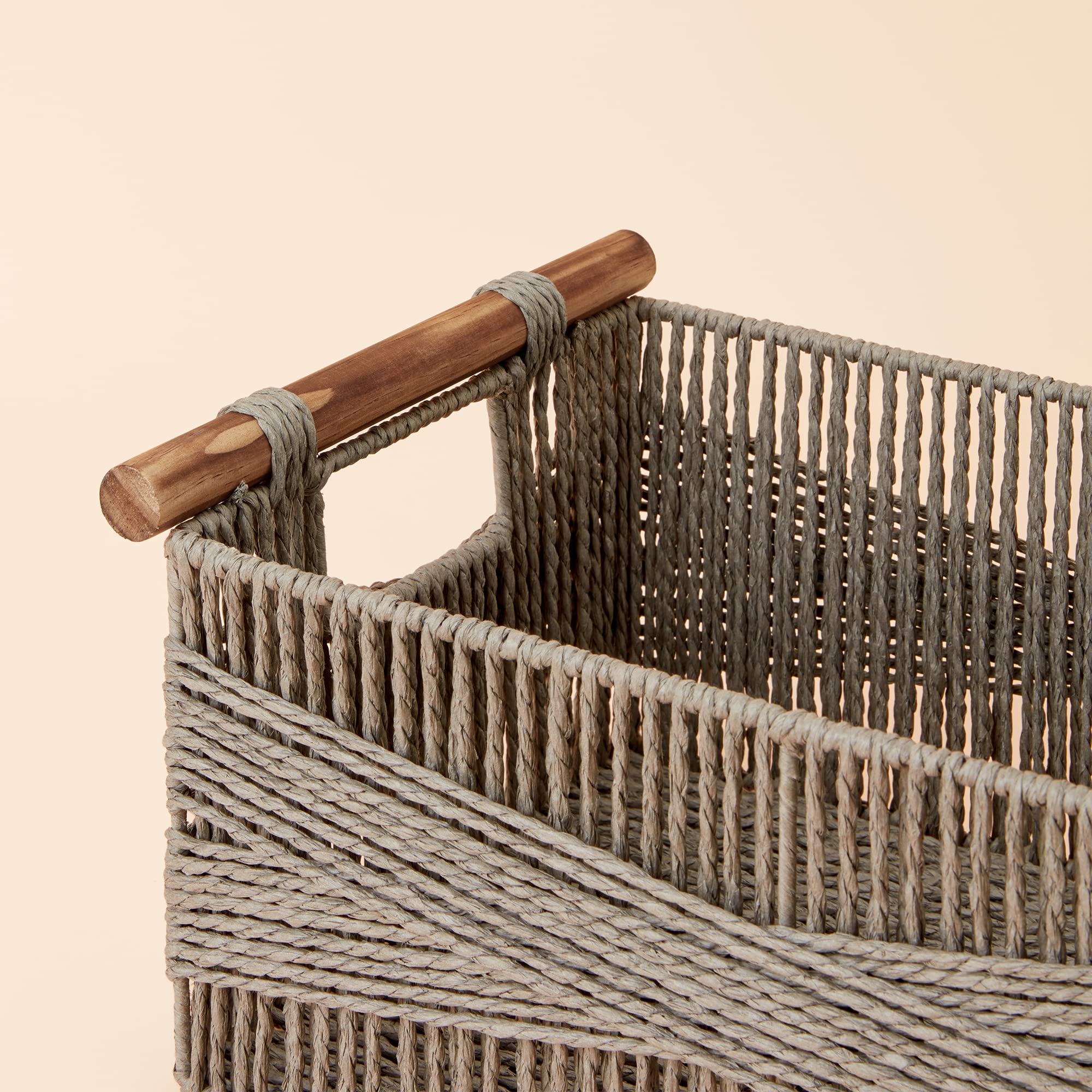 LA JOLIE MUSE Wicker Storage Baskets for Organizing  Recyclable Paper Rope Basket with Wood Handles  Decorative Hand Woven Basket Organizers for Makeup Books Shelves Living Room  Grey  Set of 2