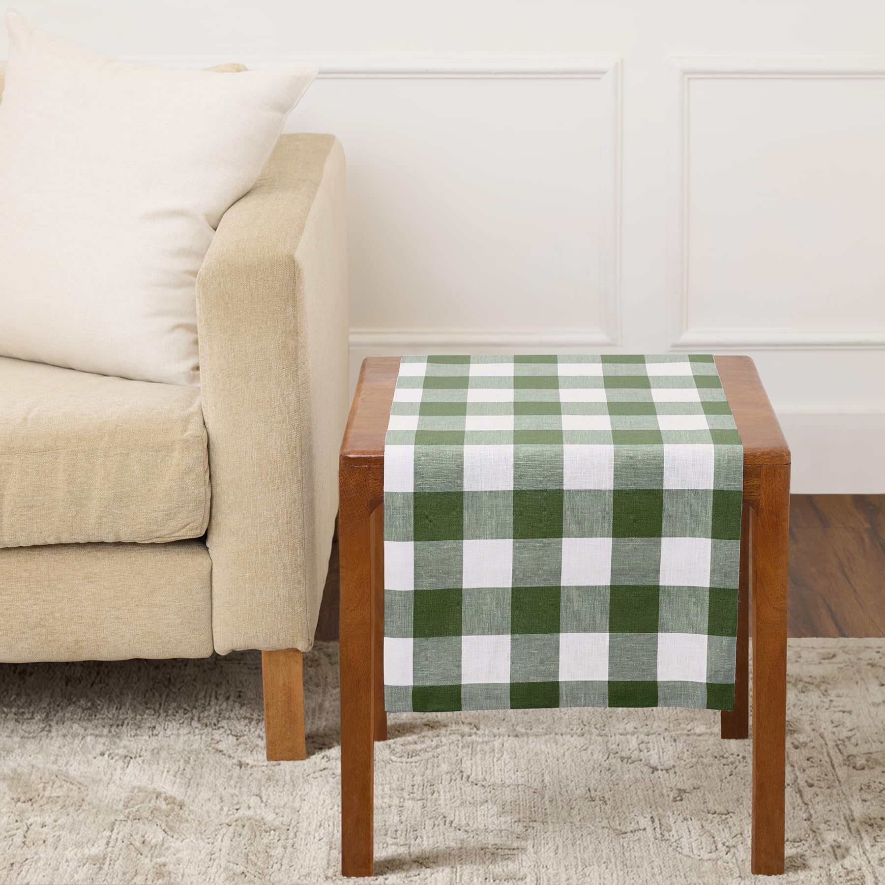 Solino Home Linen Table Runner 36 Inches - 100% Pure Linen Buffalo Check Olive and White Table Runner 14 x 36 Inch Ideal for Dre