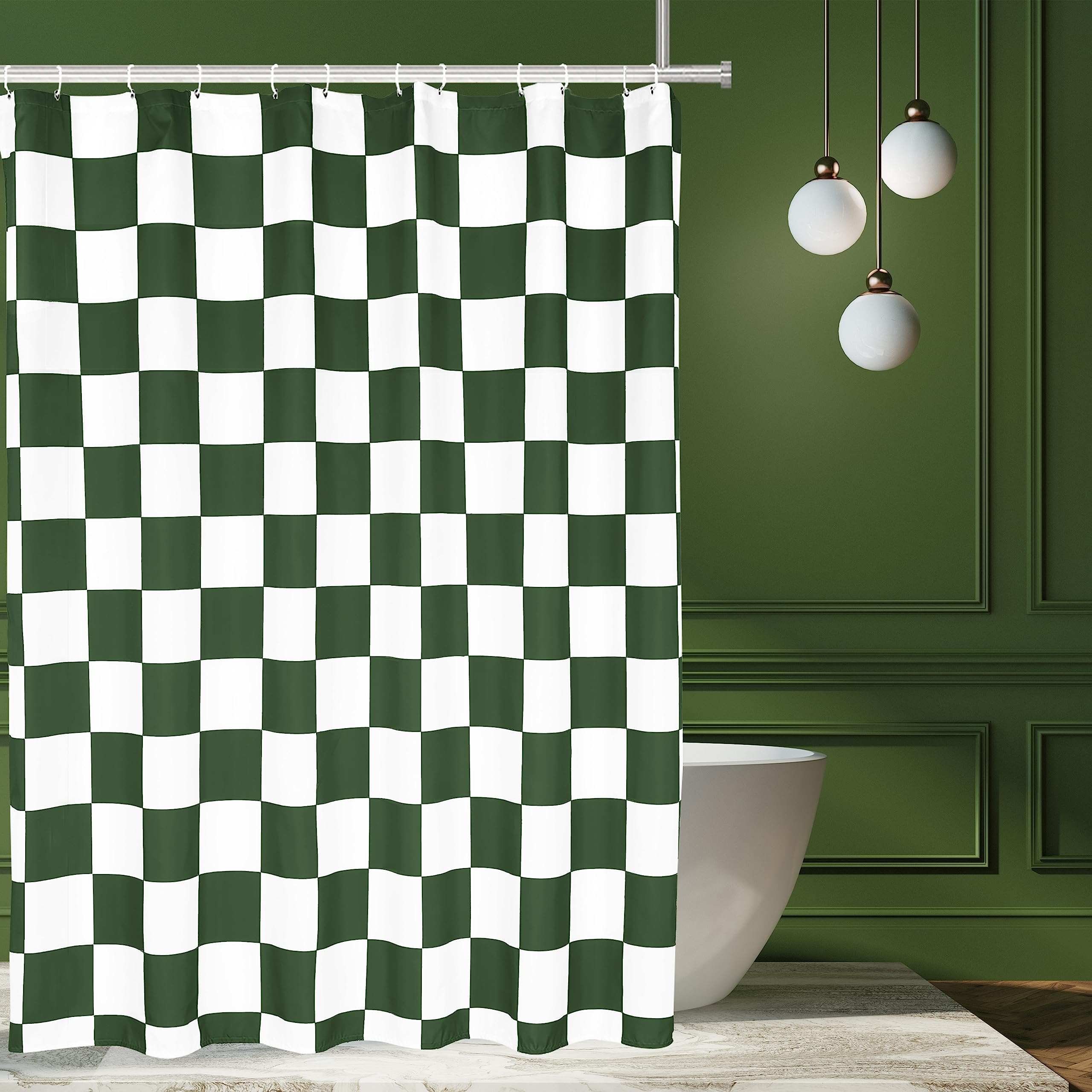 Tititex Aesthetic Checkerboard Grid Pattern Shower Curtain, White Olive Green Modern Shower Curtain Sets Decoration 71X71 Inch W