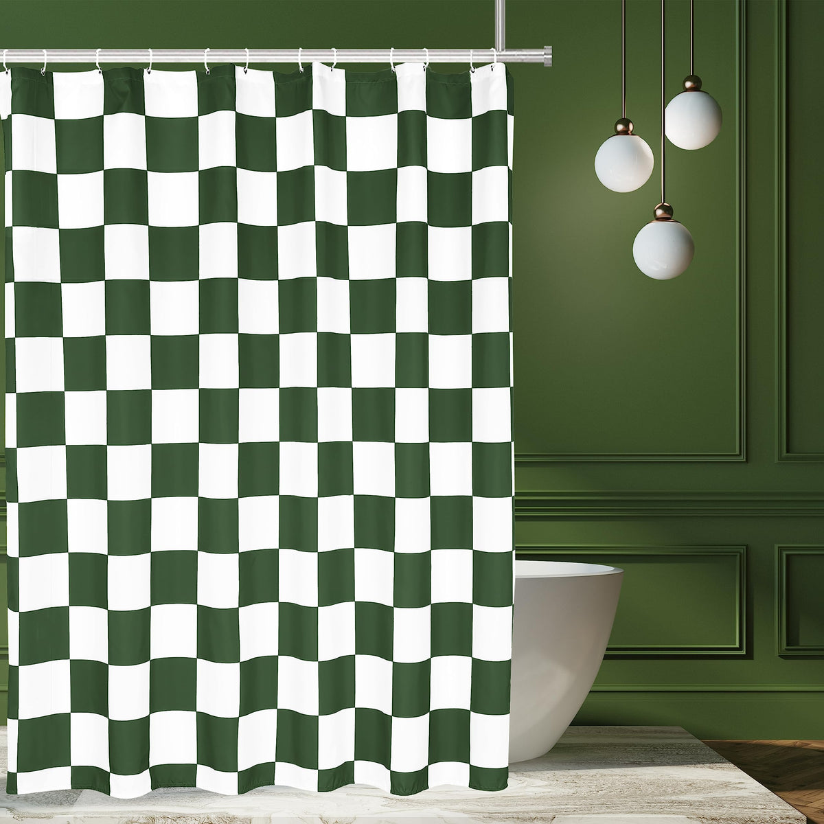 Tititex Aesthetic Checkerboard Grid Pattern Shower Curtain, White Olive Green Modern Shower Curtain Sets Decoration 71X71 Inch W