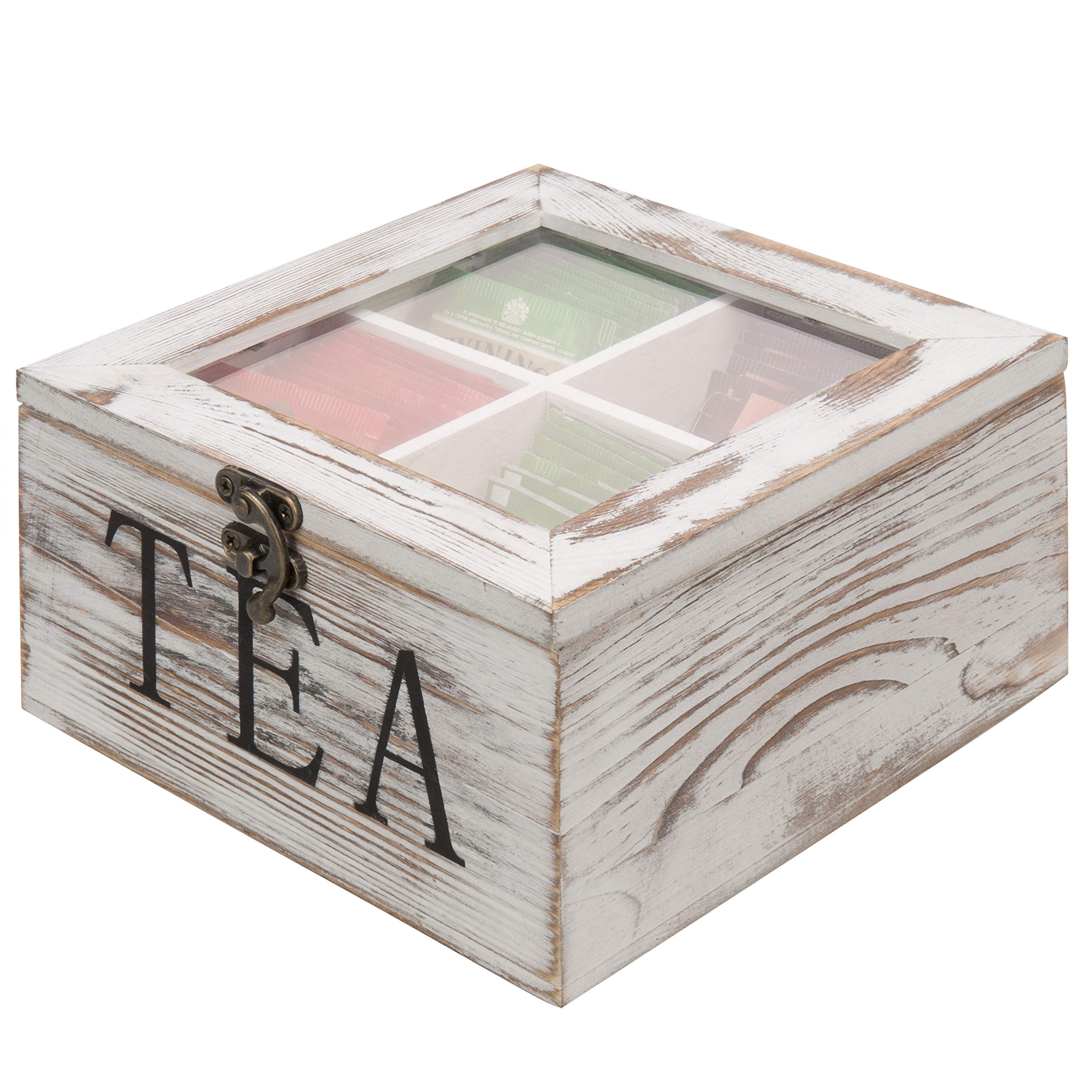 Mygift Shabby Whitewashed Solid Wood Tea Box Organizer With 4 Compartments, Teabag Storage Chest With Clear Acrylic Lid And Latc