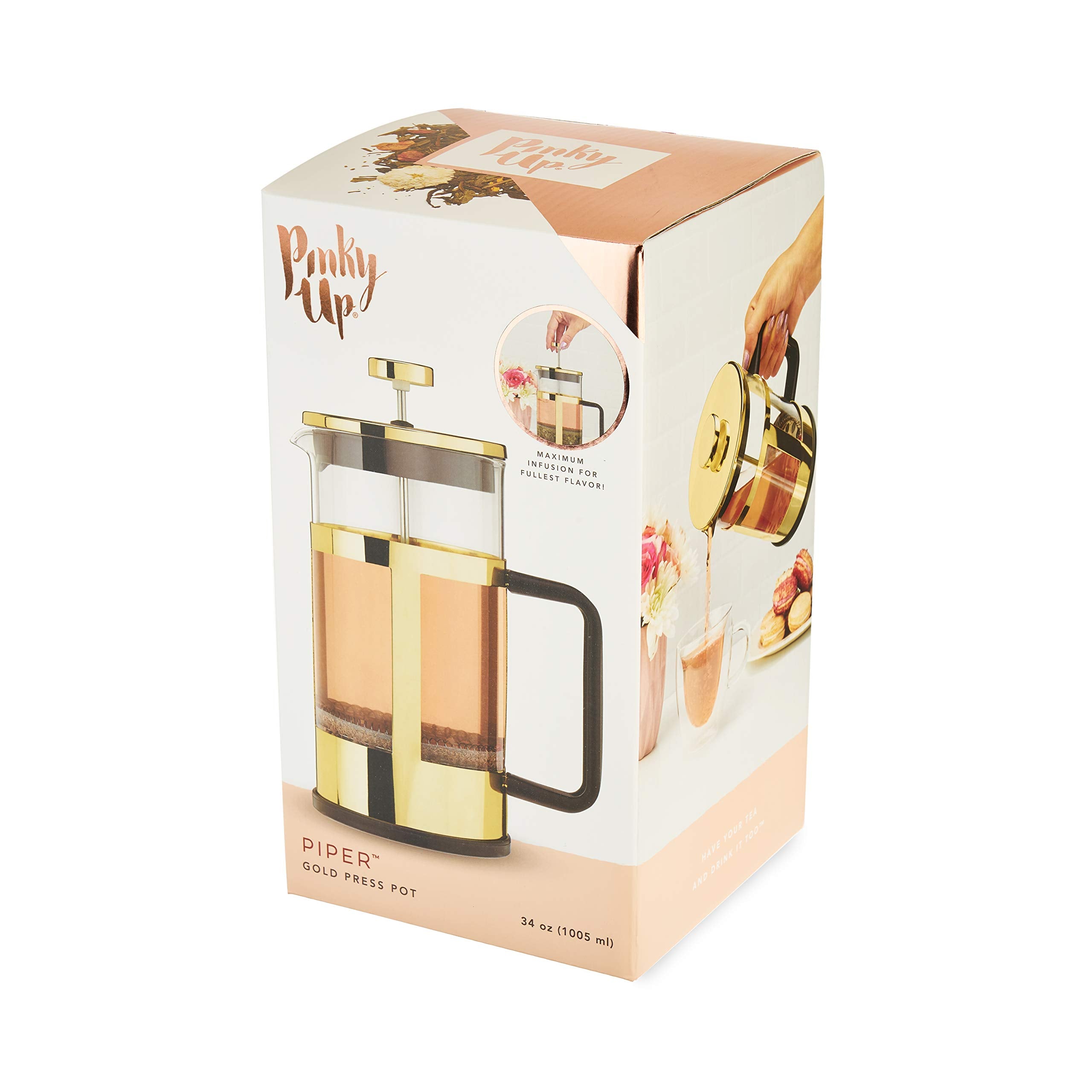Pinky Up Piper Tea Press Pot, Coffee Maker, French Press For Loose Leaf Tea And Coffee, Hot Or Iced Beverage Brewer, 34 Oz, Gold