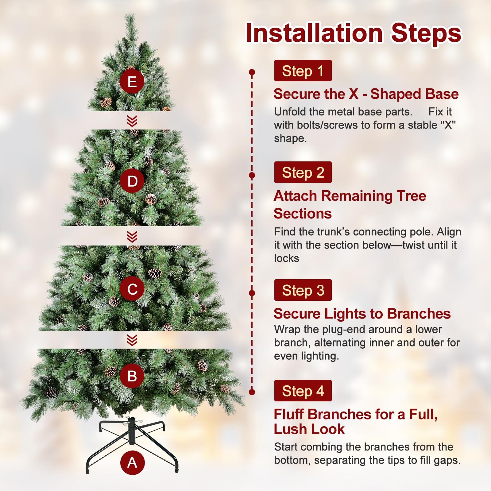 Blusxwish 5ft Snow Tips Christmas Tree with Pine Cones, Pre-Decorated & Easy Setup Unlit Hinged Artificial Xmas Tree for Indoor