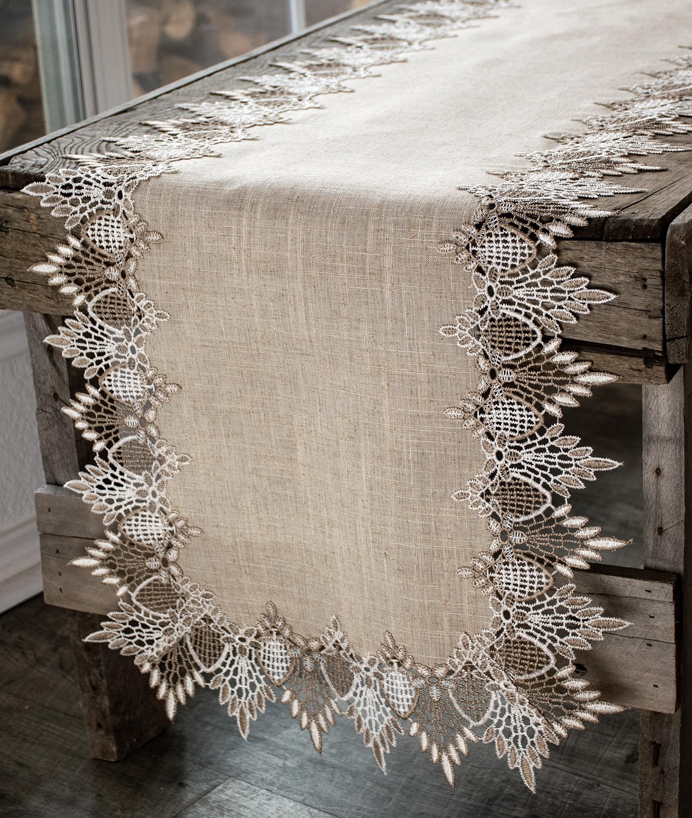 Neutral Earth Tones Lace Table Runner, Dresser Scarf, Coffee Table Runner, Brown Farmhouse Style (16Wx 54L)