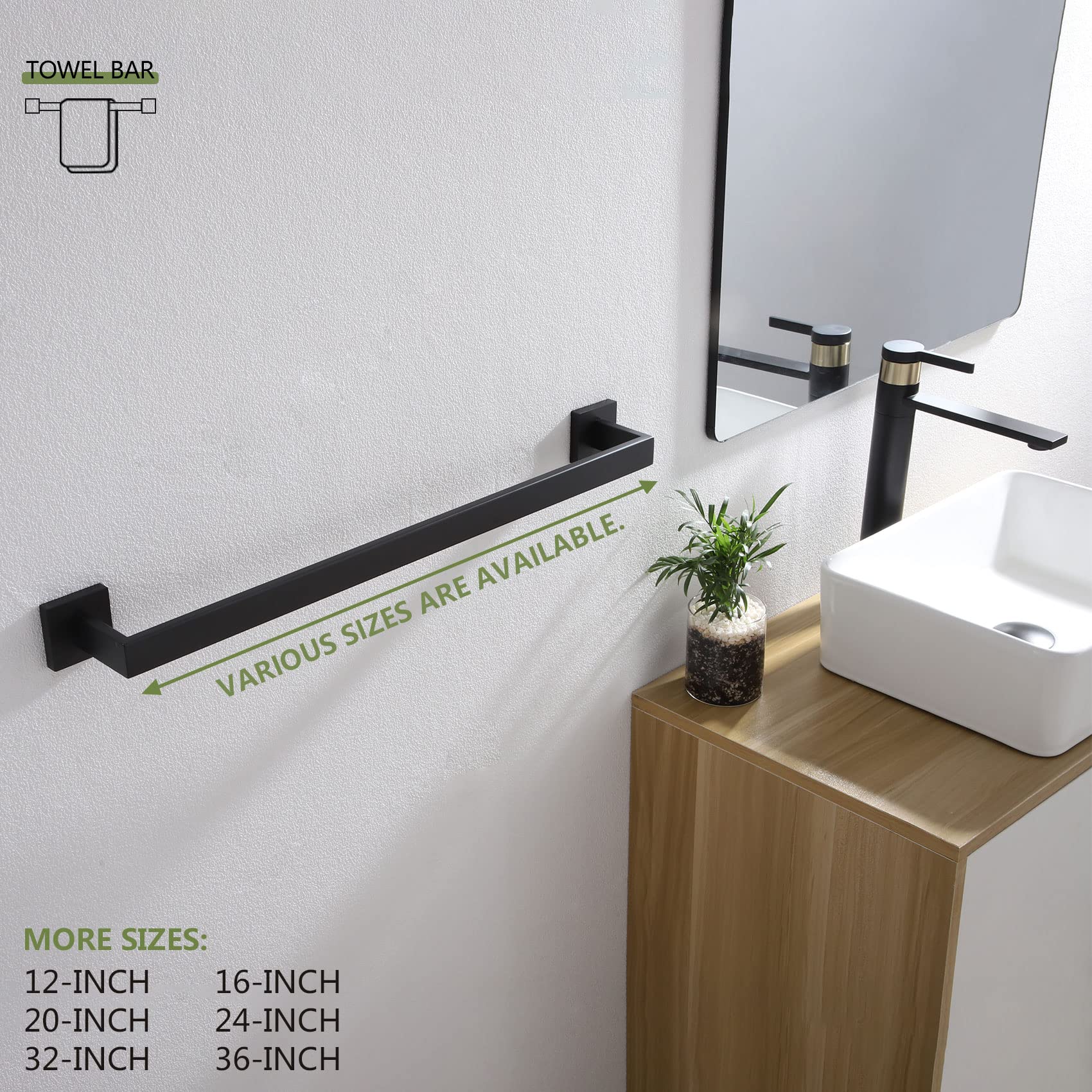 KOKOSIRI 24-Inch Single Towel Bar  Bathroom Kitchen Towel Holder  Wall Mounted SUS304 Stainless Steel Towel Rack  Matte Black  B4003BK-L24