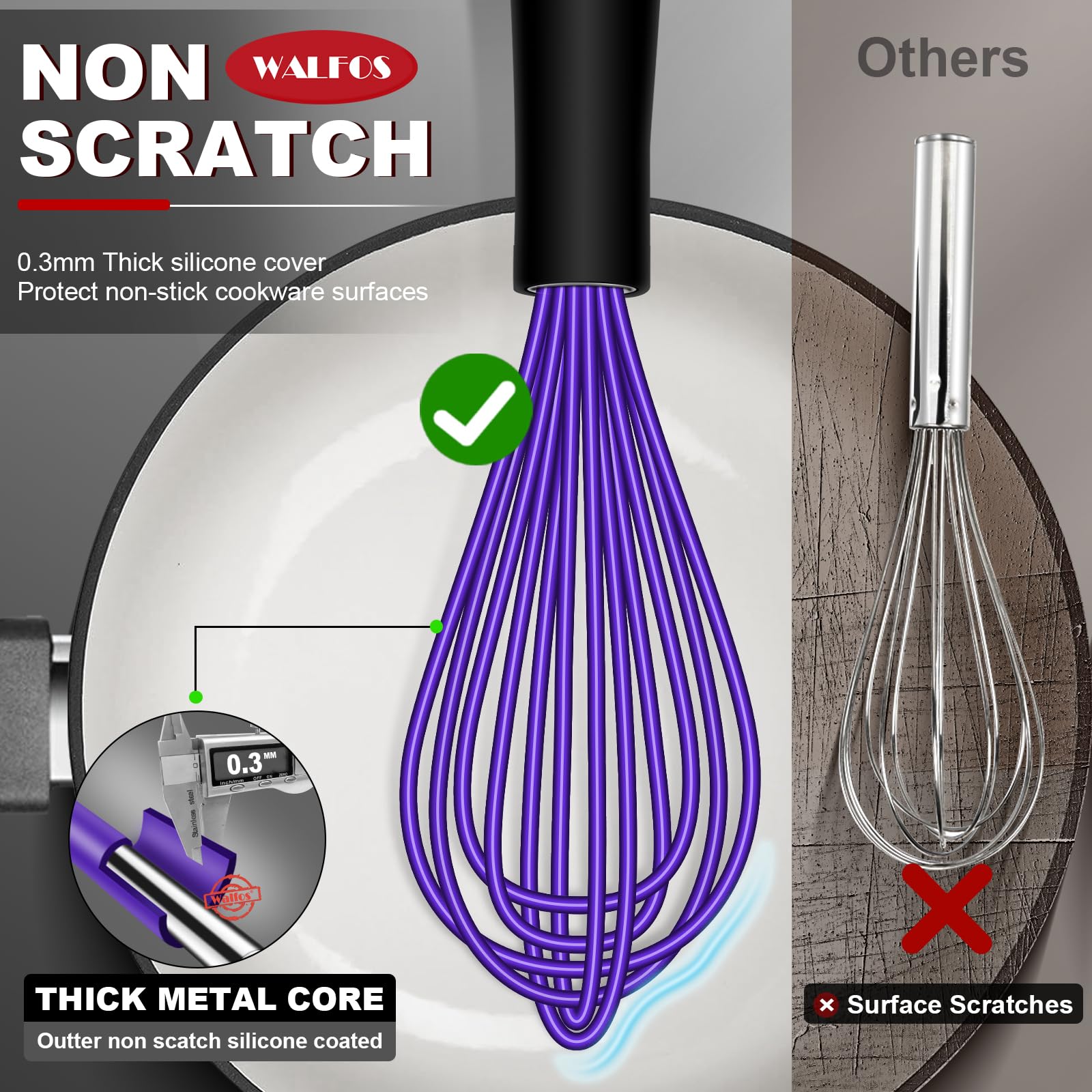 Walfos Whisk,8.5+9+11In Silicone Whisk, Bpa Free Whisks For Cooking Non Scratch. Heat Resistant(480F) Wisk. Perfect For Blending