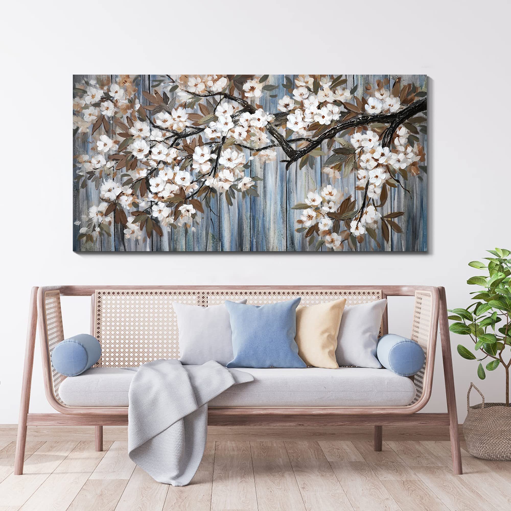 Large Canvas Wall Art For Living Room Wall Decor Abstract White Flower Tree With Gray Driftwood Picture Modern Framed Canvas Pri