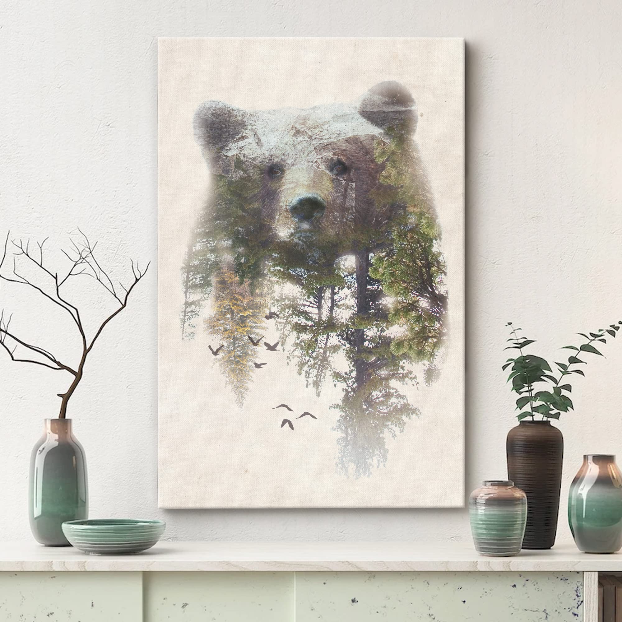 Signwin Canvas Wall Art Bear And Spring Forest Double Exposure Photography Animals Wildlife Digital Art Modern Art Rustic Portra