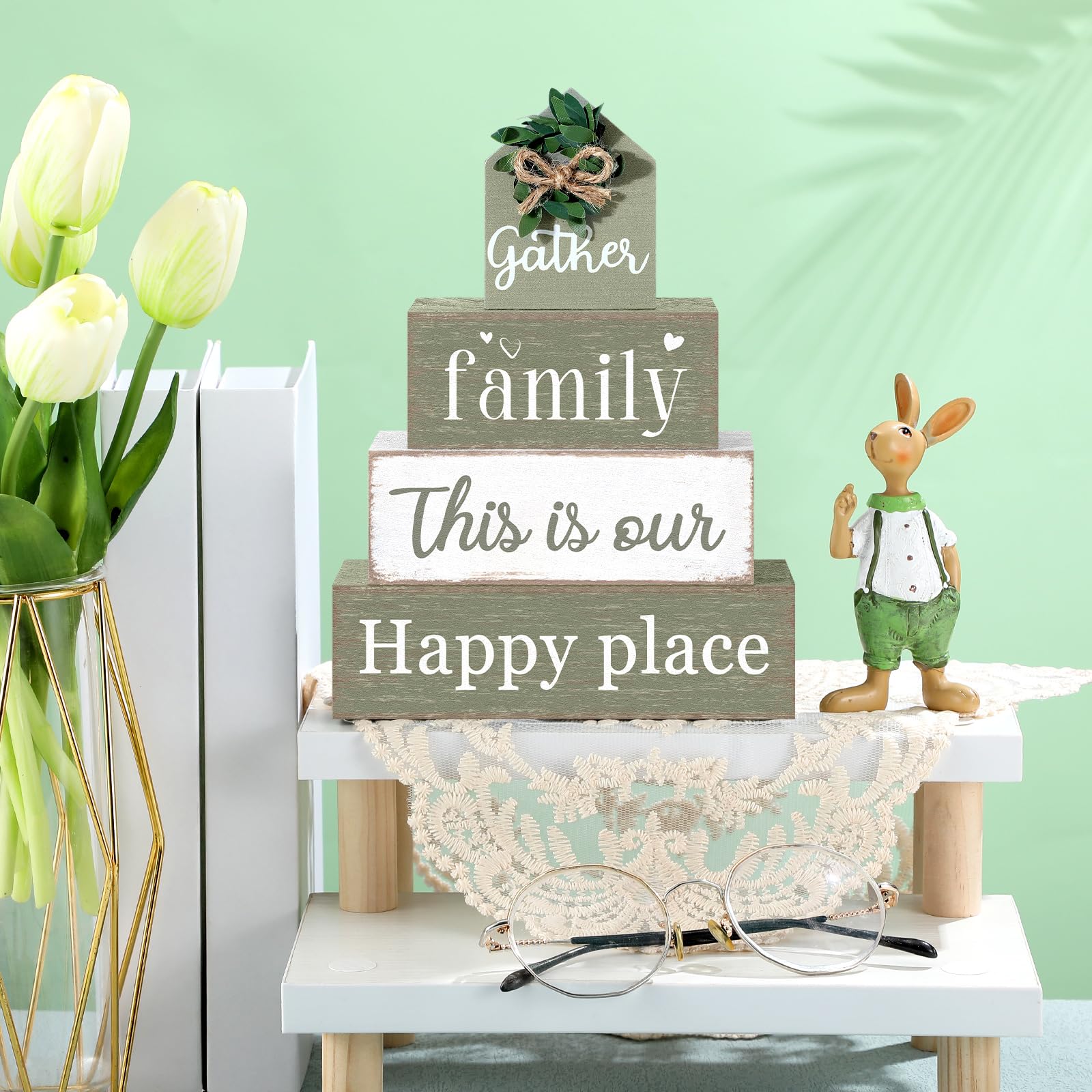 Cinnvoice Farmhouse Table Decor Eucalyptus Leaves Wooden Block Sign Gift Gather Family This Is Our Happy Place Tabletop Centerpi