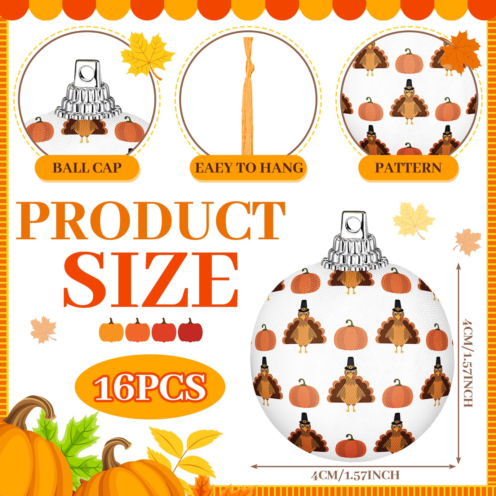Blosssound 16 Pcs Thanksgiving Hanging Tree Ornaments 1.57 Inch Fall Decorations Autumn Ball Ornaments for Tree Thanksgiving Fal