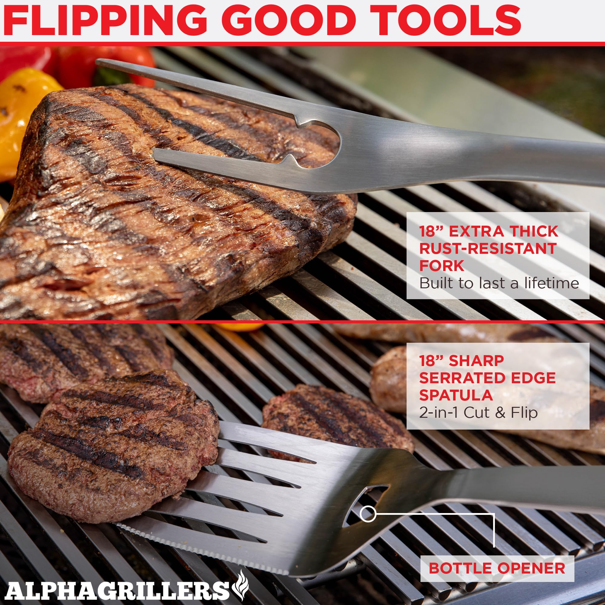 Alpha Grillers Grill Set Heavy Duty BBQ Accessories - BBQ Gifts Tool Set 4pc Grill Accessories with Spatula  Fork  Brush & BBQ Tongs - Grilling Cooking Gifts for Men Dad Durable  Stainless Steel
