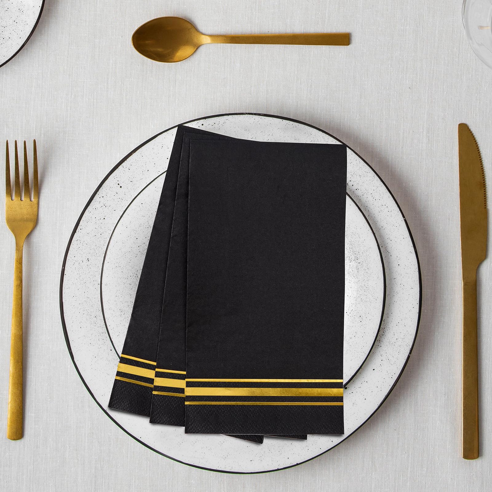 100 Gold Trim Lined Paper Napkins Black Elegant Dinner Napkins, 3 Ply Gold Foil Guest Napkins Disposable Hand Towels For Bathroo
