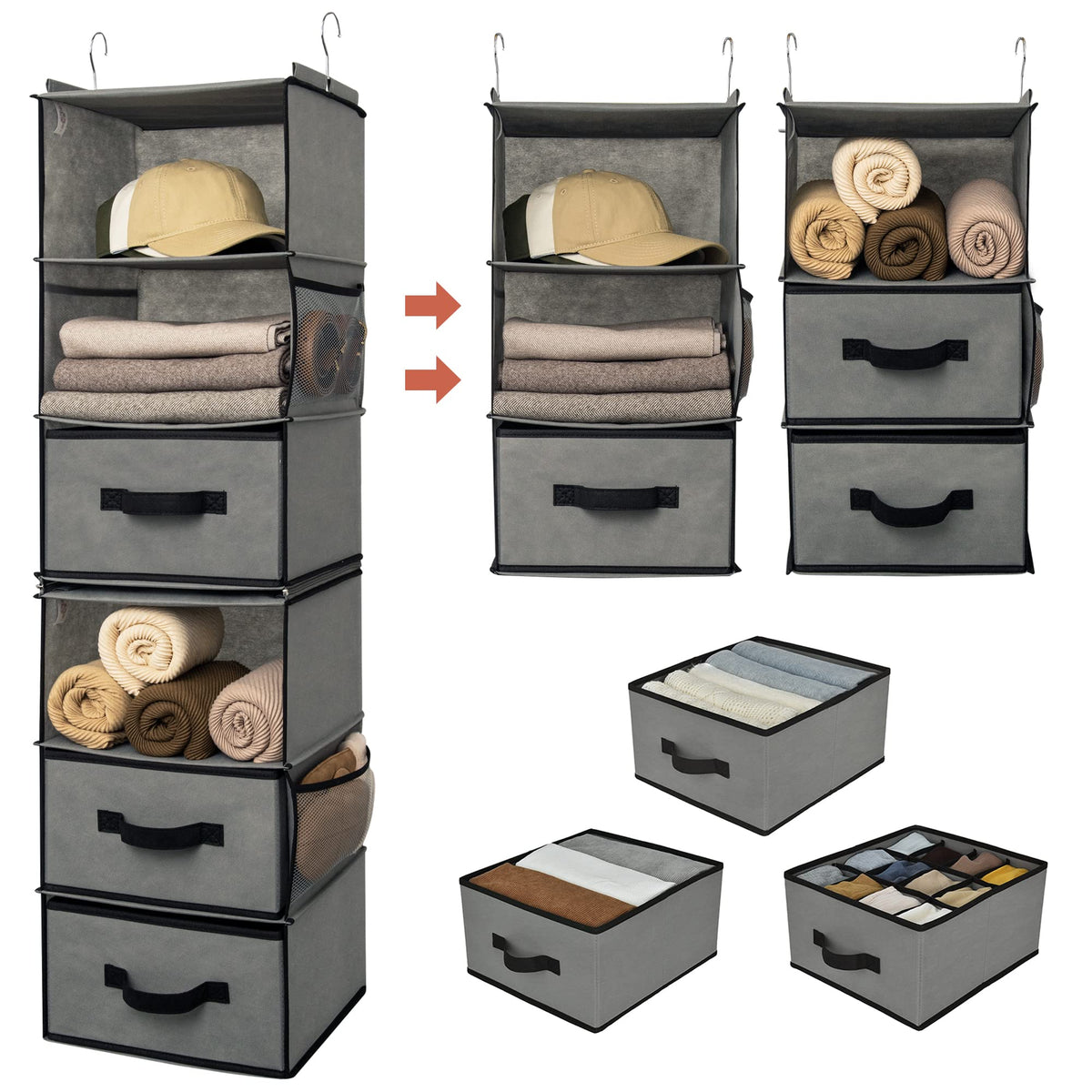 Granny Says 6-Shelf Hanging Closet Organizer, Separable To 2 Pack 3-Shelf, Closet Organization And Storage With 3 Different Draw