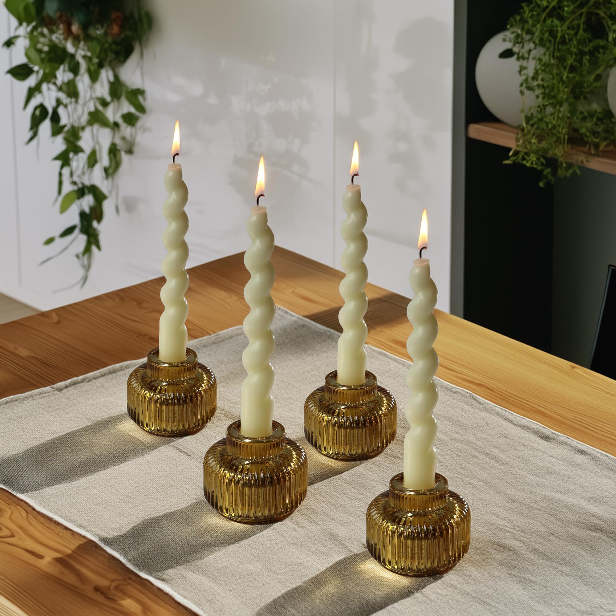 Kate Aspen Taper Candle Holders for Candlesticks, Ribbed Glass Gold Candle Holders Set of 4, Retro Candlestick Stand Decor, Voti