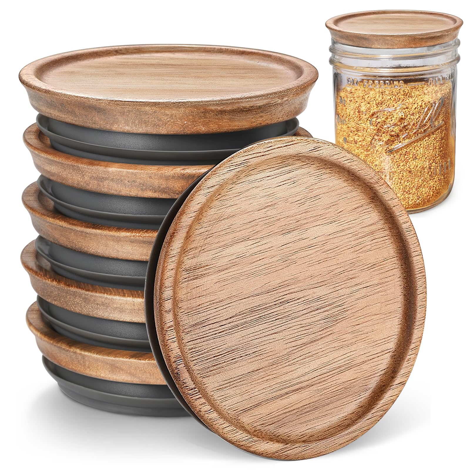 6-Pack Regular Mouth Wooden Mason Jar Lids for Ball/Mason/Kerr Jars, Natural Acacia Wood, Food-Grade Material, 100% Fit & Airtig