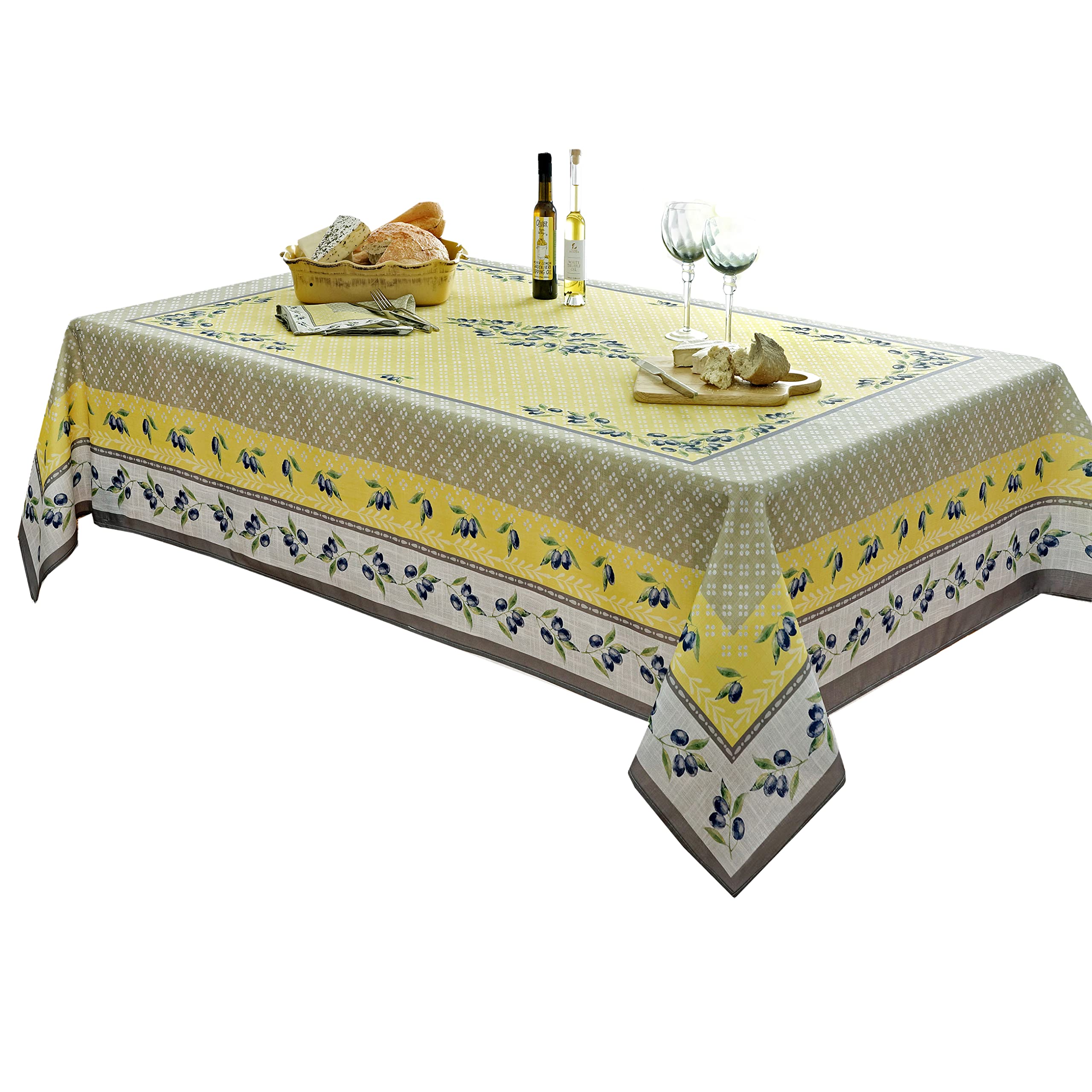 Home Bargains Plus Provence Olivier Yellow and Grey Olive Print Country French Fabric Tablecloth, Indoor Outdoor, Stain and Wate