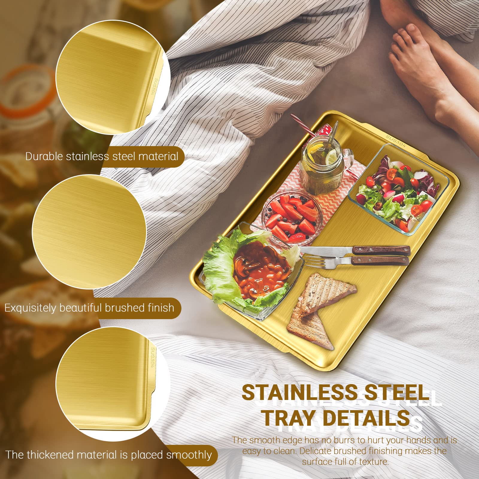 Stainless Steel Serving Tray, 15.7 X 9.4In Rectangle Gold Serving Platter With Handle, Decorative Coffee Table Plate, Ottoman Di