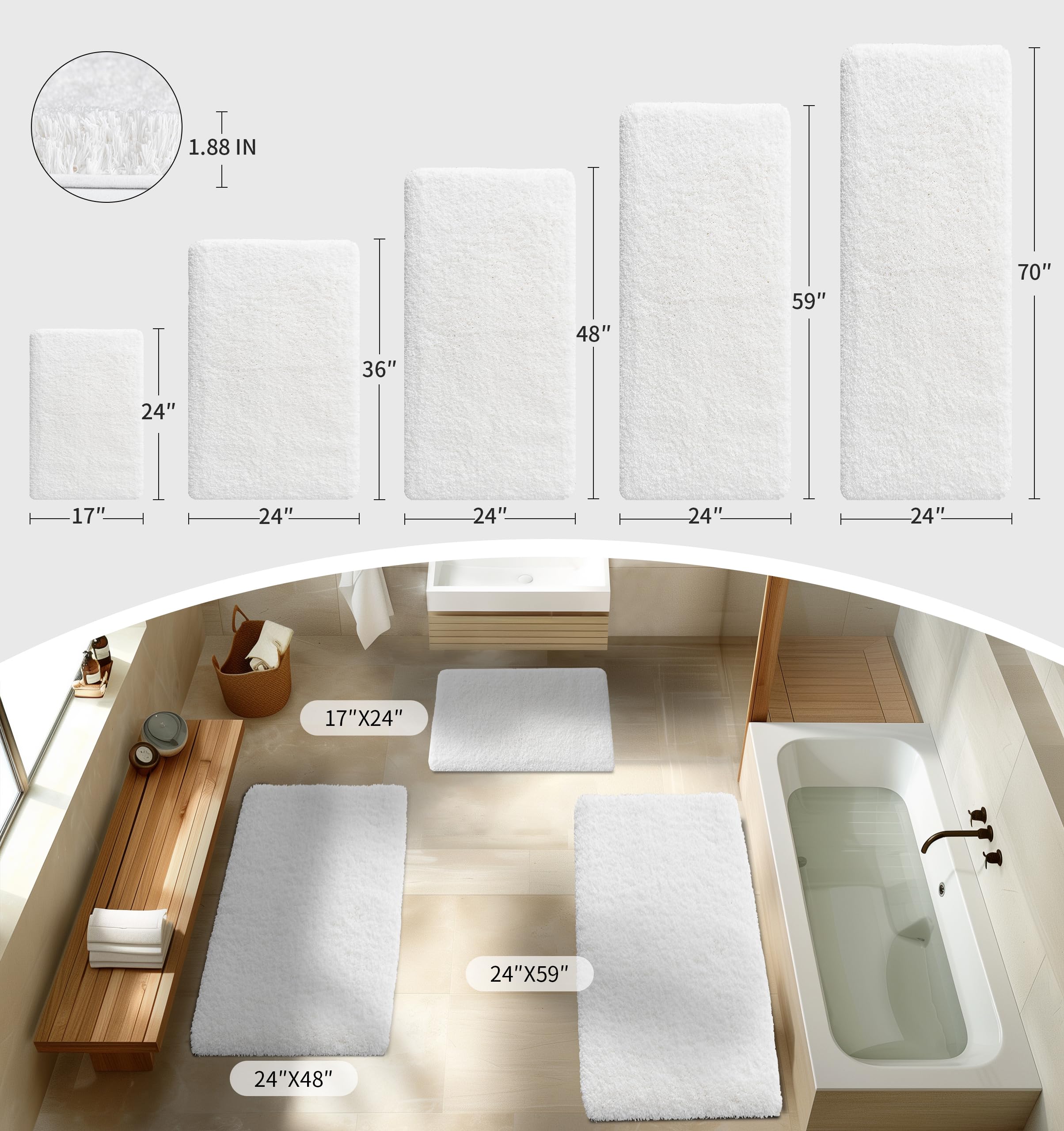 Disolla White Bathroom Rug 24X48 Non Slip Fluffy Bath Mat For Bathroom Floor Washable Plush Luxury Bath Rug For Tub Soft Shaggy