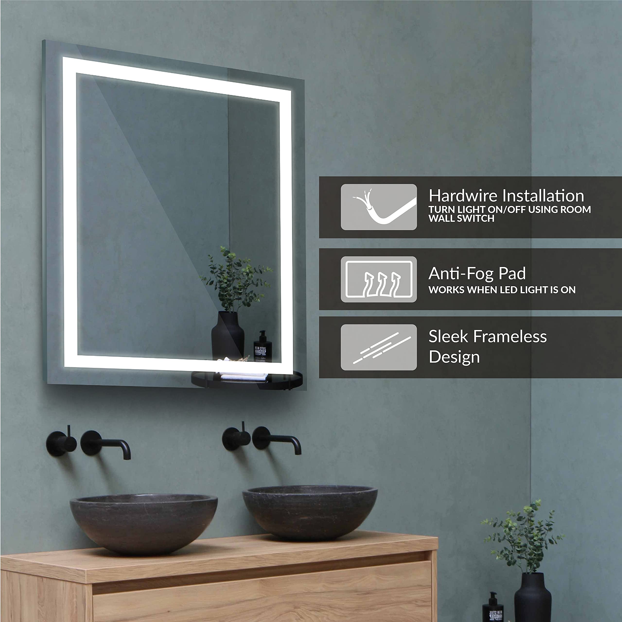 Homewerks 100153 30x36 inches LED Bathroom Mirror Wall Mounted Frameless Anti-Fog Light 800 Lumen Bright White 5000 Kelvin  Single Color