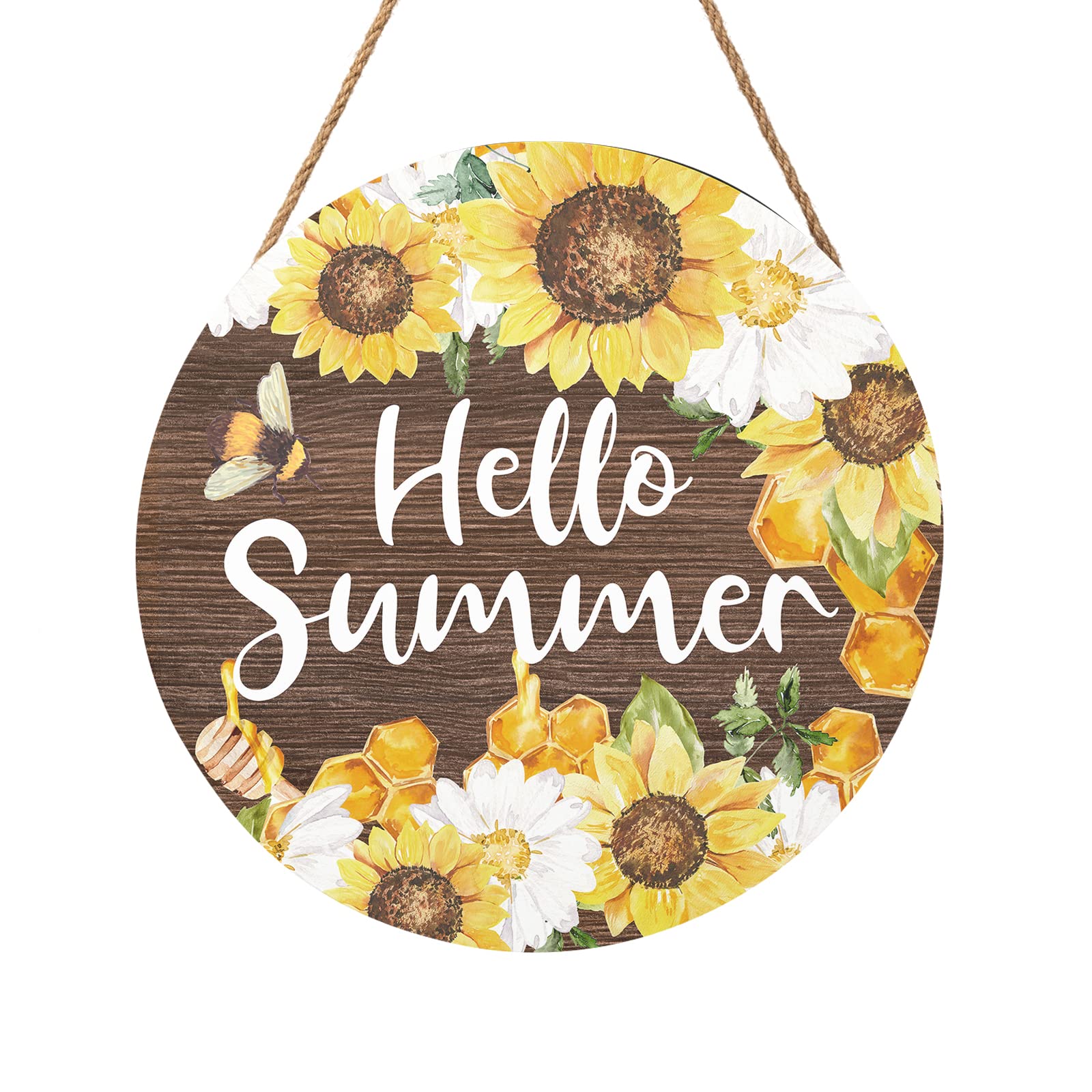 Hello Summer Sign 12 x 12 Inch Summer Themed Sunflower Welcome Sign Front Door Decor Farmhouse Porch Decoration Sunflower Round 