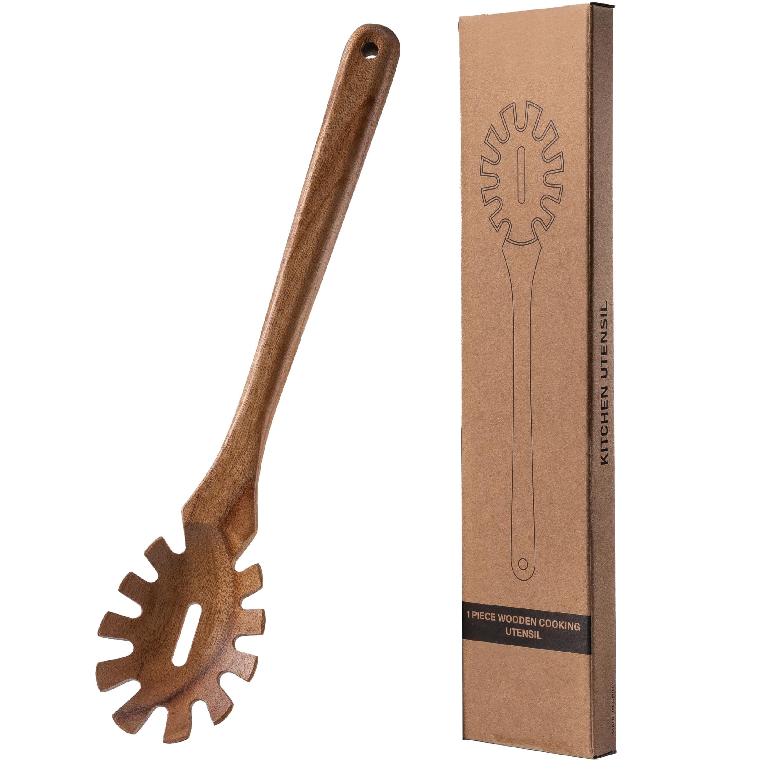 LEHAHA Wooden Pasta Spoon with Teeth Spaghetti Fork Tongs 13 Pasta Forks Serving Utensils Acacia Wood Spaghetti Server Spoons 