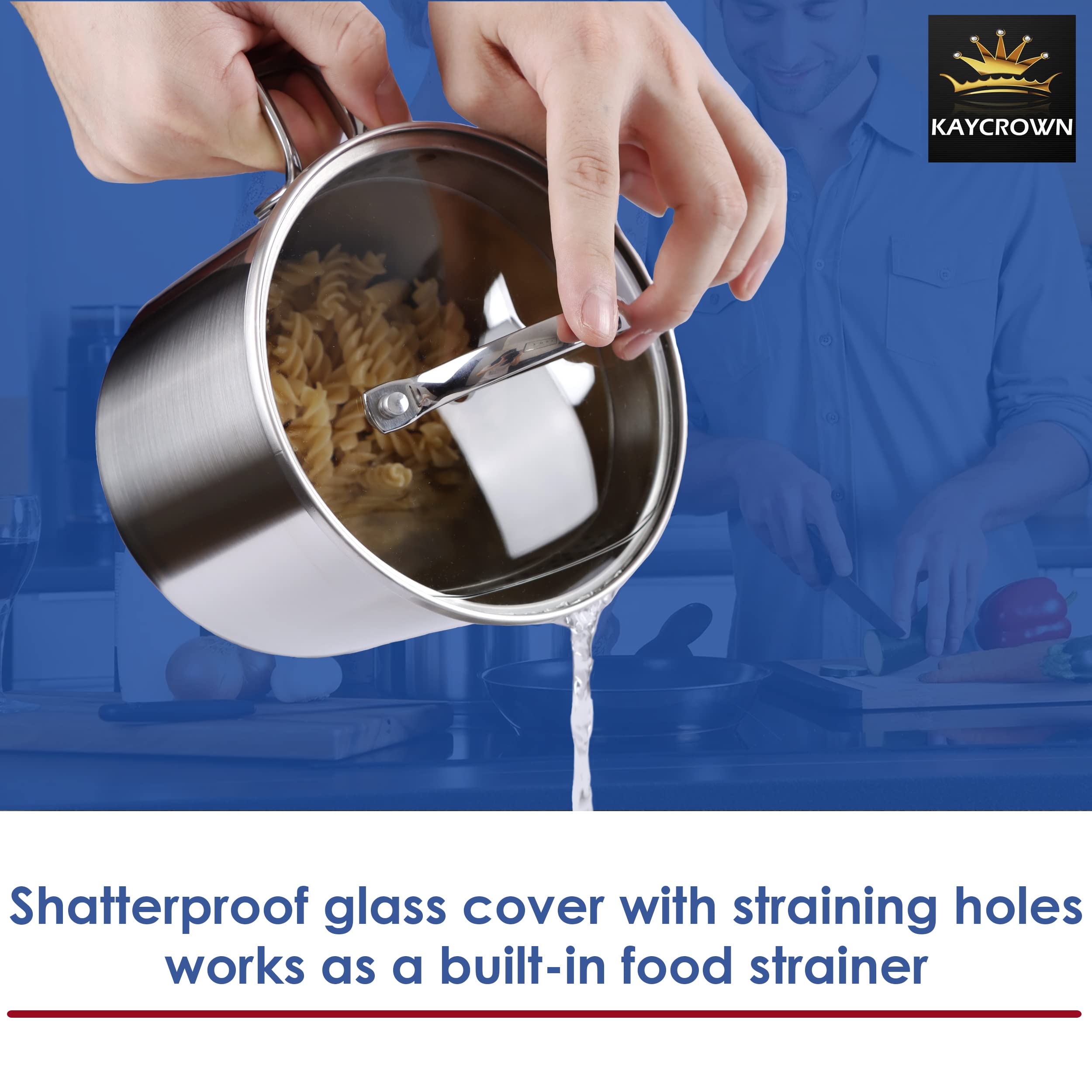 KAYCROWN 1.5 Quart Stainless Steel Saucepan with Glass Lid, Straining Cover & Pour Spouts - Silver, Model KAYC0517-SP015