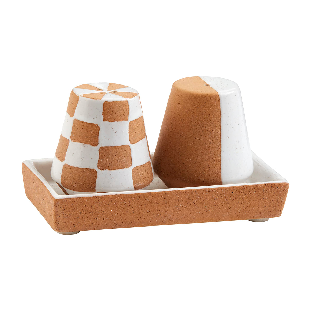 Mud Pie Terracotta S And P Set; Shaker 2 1/2'' X 2 1/4'' Dia | Tray _'' X 5'', Brown