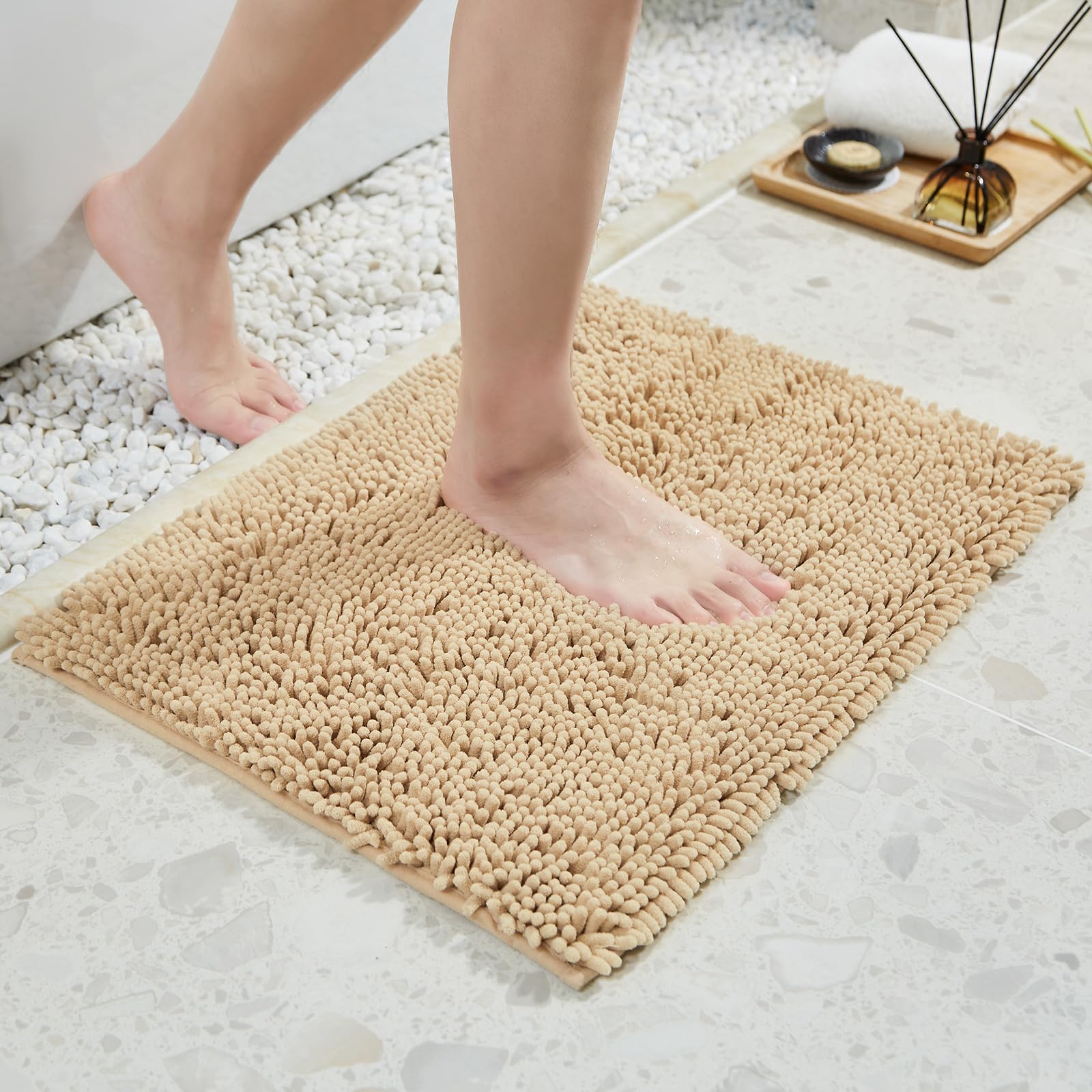 Techmilly Soft Fluffy Chenille Bathroom Rugs, Non Slip Absorbent Bath Mats For Bathroom, Washable And Quick Dry, Khaki, 17'' X 2