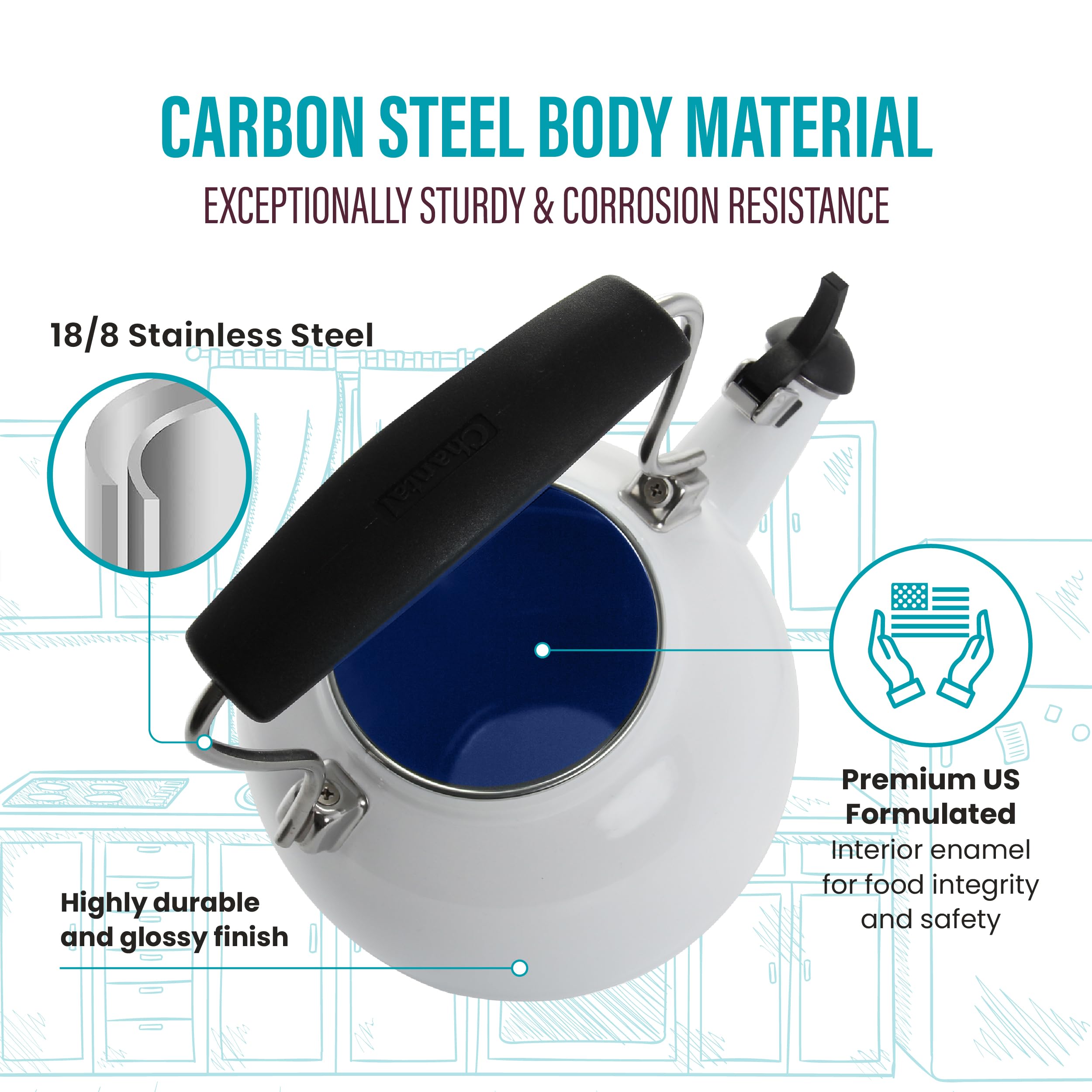 Chantal Tea Kettle, 1.7 Qt, Vintage Series, Premium Enamel On Carbon Steel, Whistling, Even Heating & Quick Boil (Aqua)