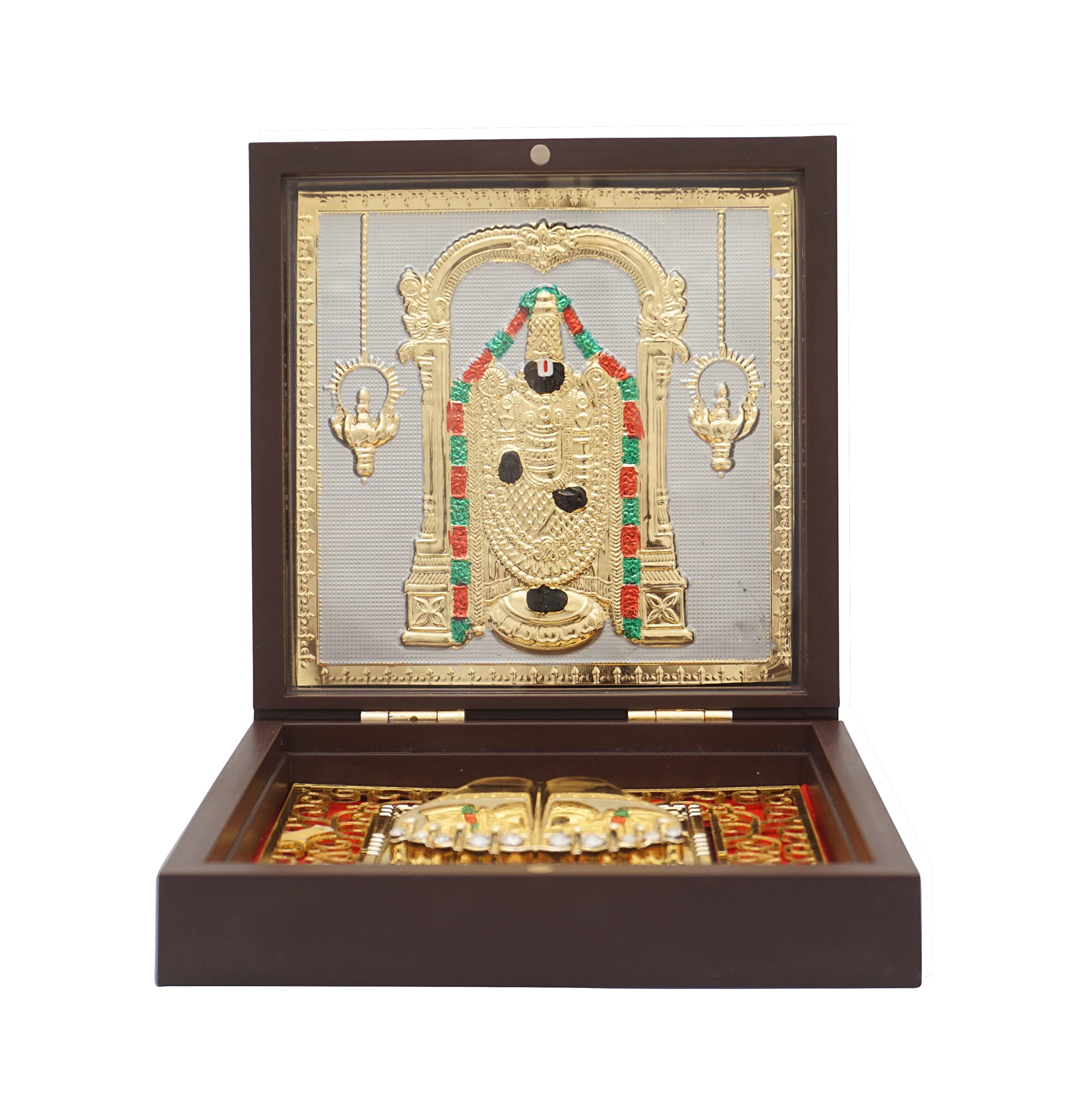 Idolkart Balaji Pocket Temple 24 Karat Gold Coated - Divine Lord Balaji Pooja Box Crafted From Wood, Prosperity And Vastu Benefi