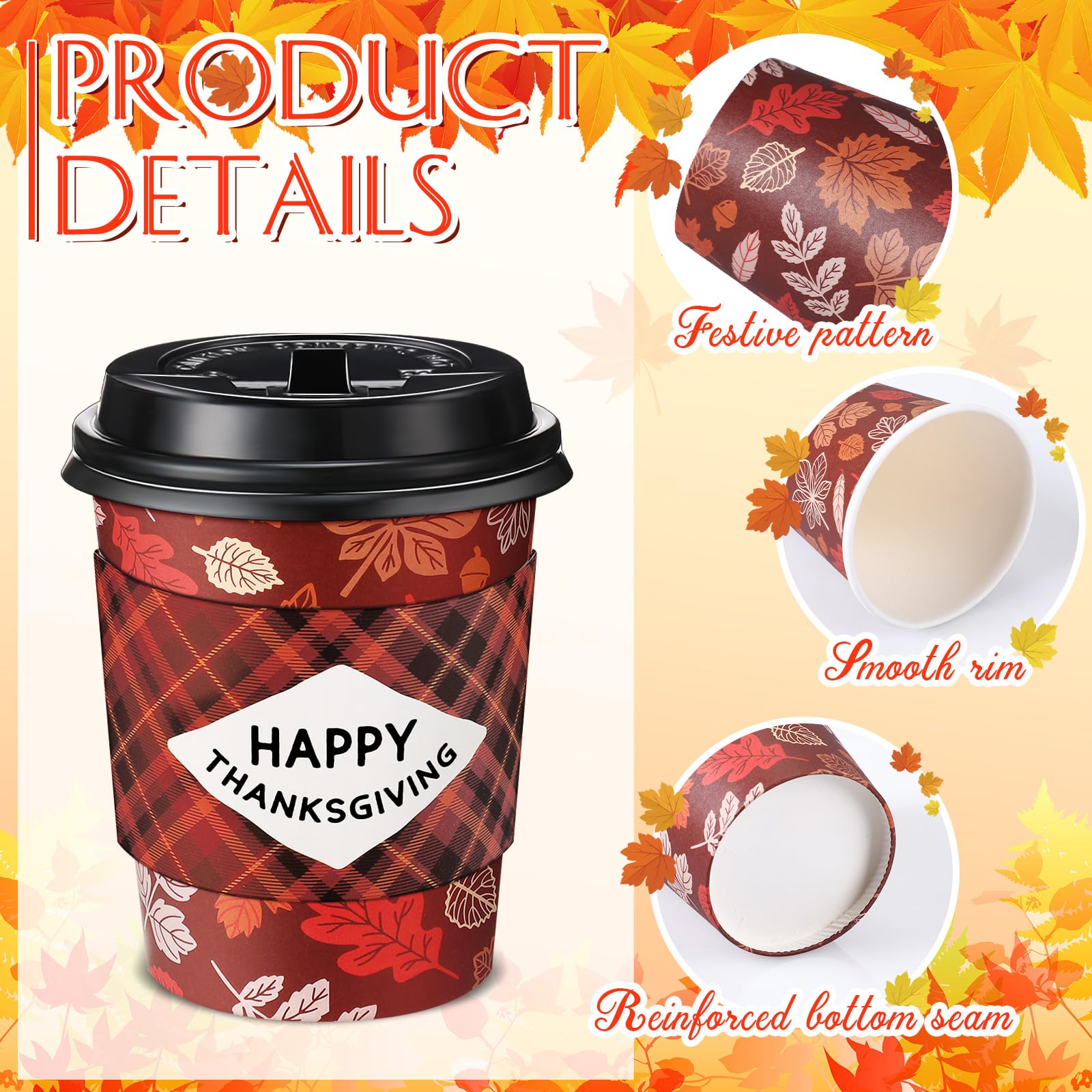 Lallisa 100 Pack 12 oz Fall Disposable Coffee Cups Bulk Thanksgiving Paper Coffee Cups with Lids and Sleeves for Autumn Thanksgi