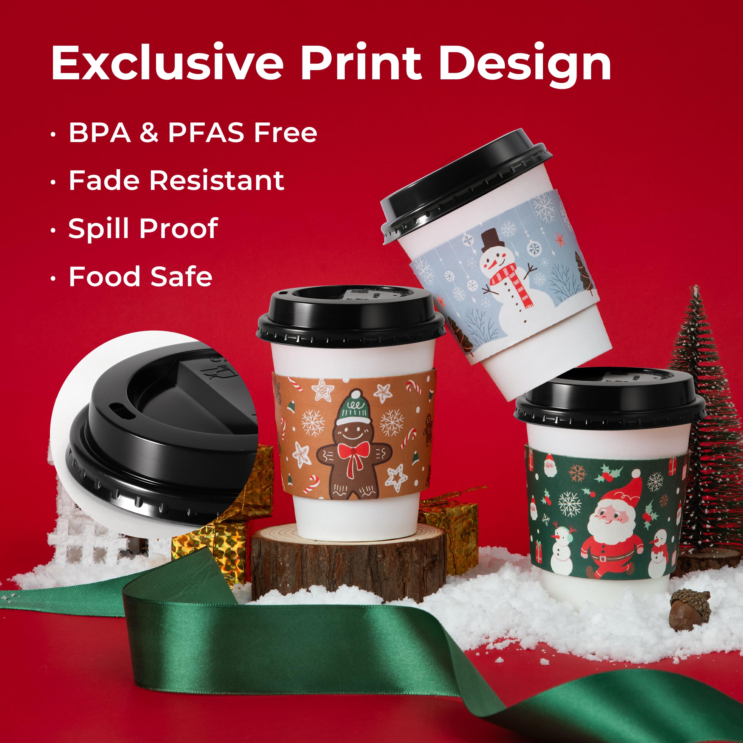 Fit Meal Prep 12 oz Christmas Disposable Coffee Cups with Lids, Leak-Proof Holiday Paper Cups for Hot Beverages, 50 Pack