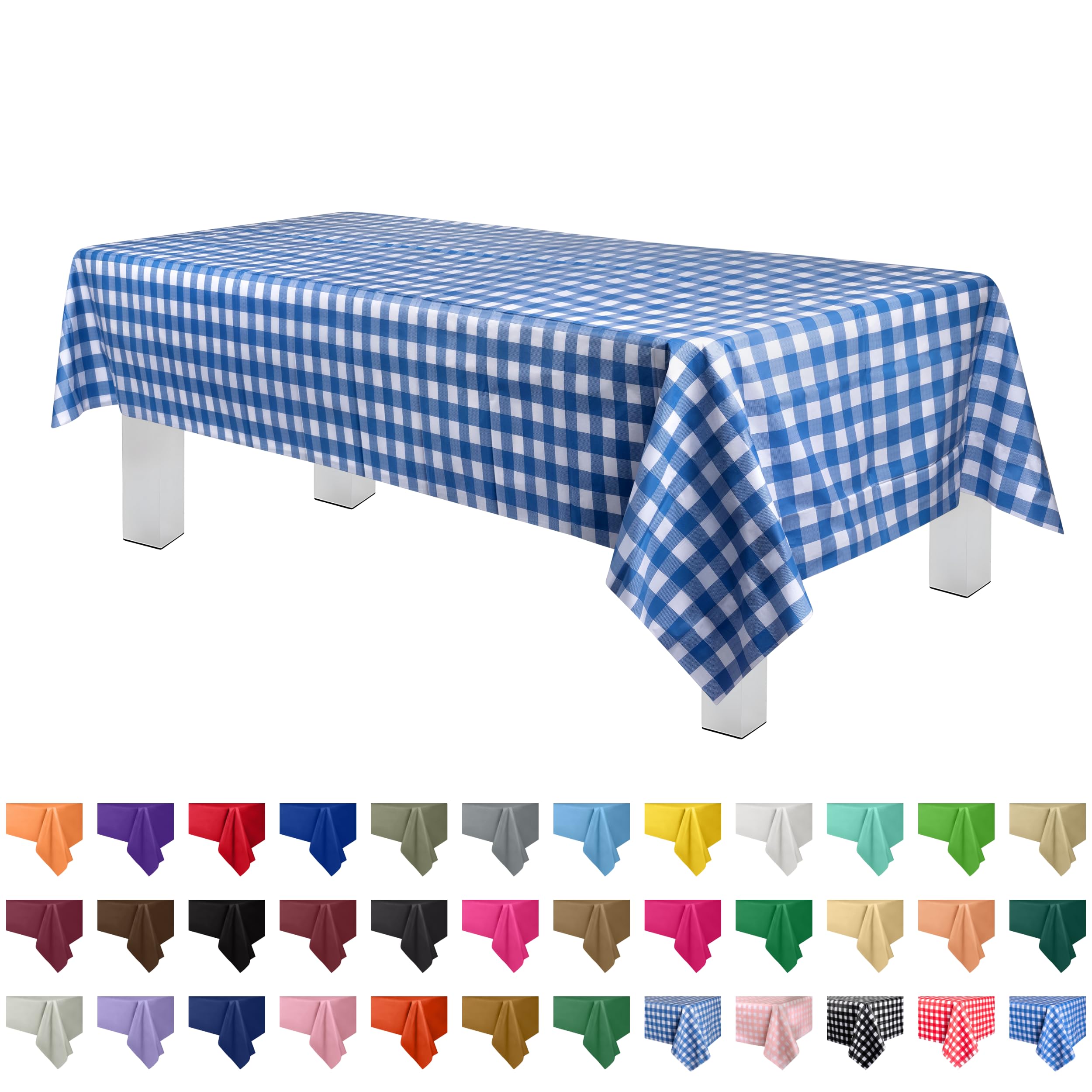 Grandipity Blue Gingham Checkered Plastic Table Cloth Disposable (6 Pk) 54In X 108In Plastic Tablecloths For Rectangle Tables -