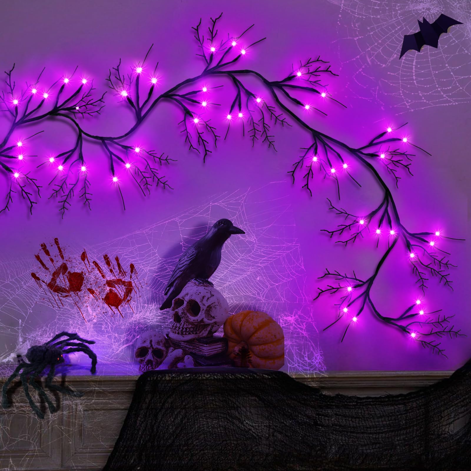 SURCVIO 9 Ft 54 LED Halloween Willow Vine Twig Decor Garland Waterproof Battery Operated Halloween Decorations for Home Wall Man