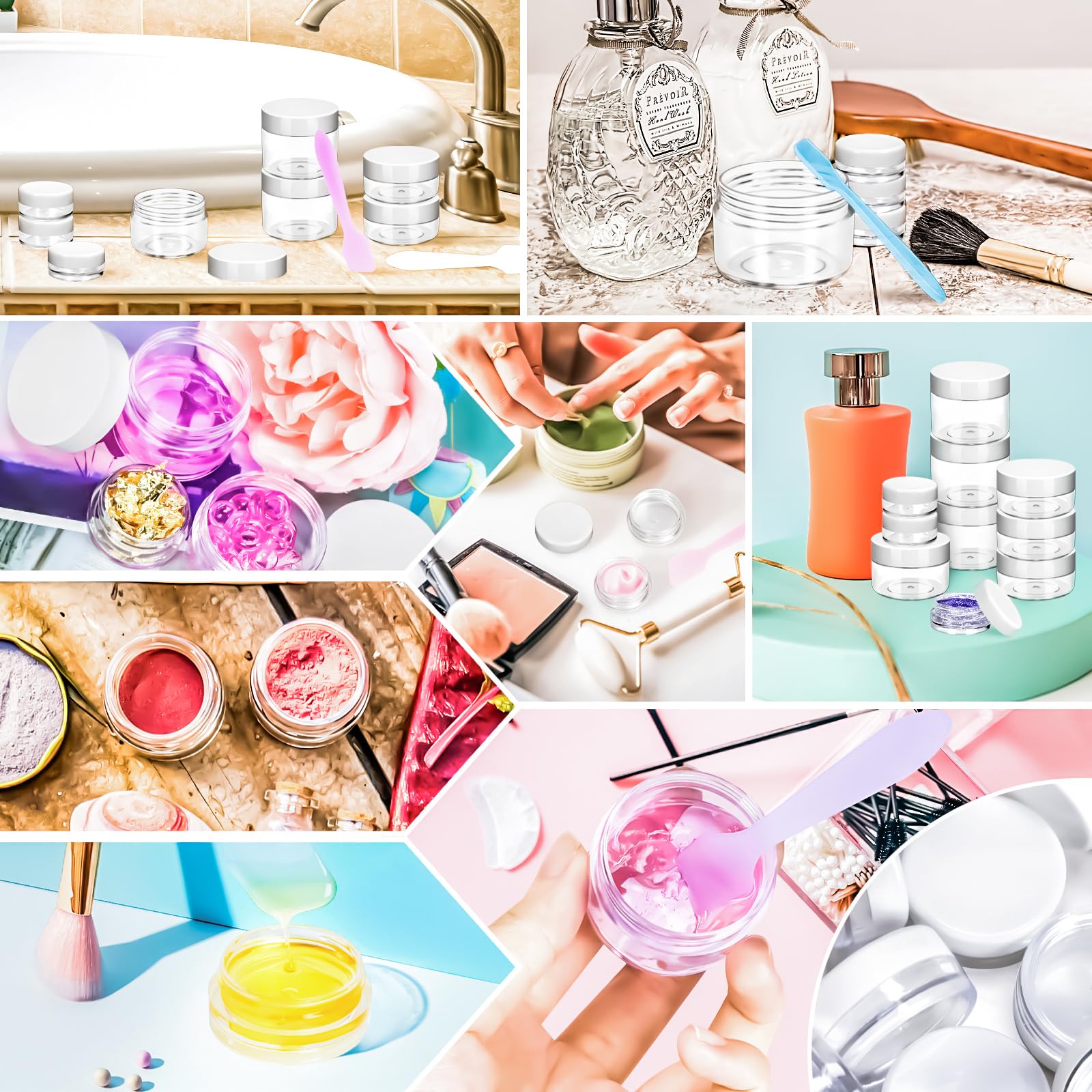 Motbach 60Pcs Makeup Travel Containers With Lids, 3/5/10/15/20 Gram Empty Plastic Containers With Lids, Makeup Sample Containers