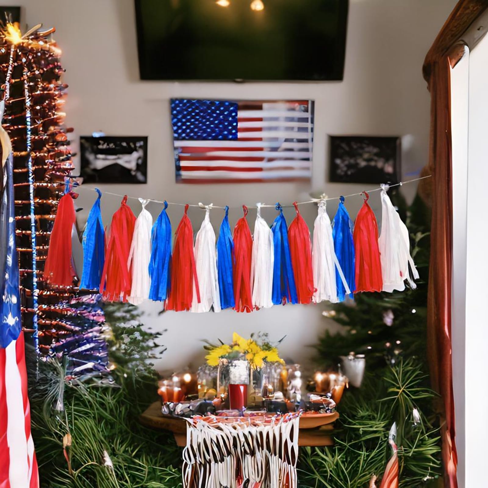 Red White and Blue Tassel Garland,Tissue Tassel Banner for Party Decorations,Pack of 15