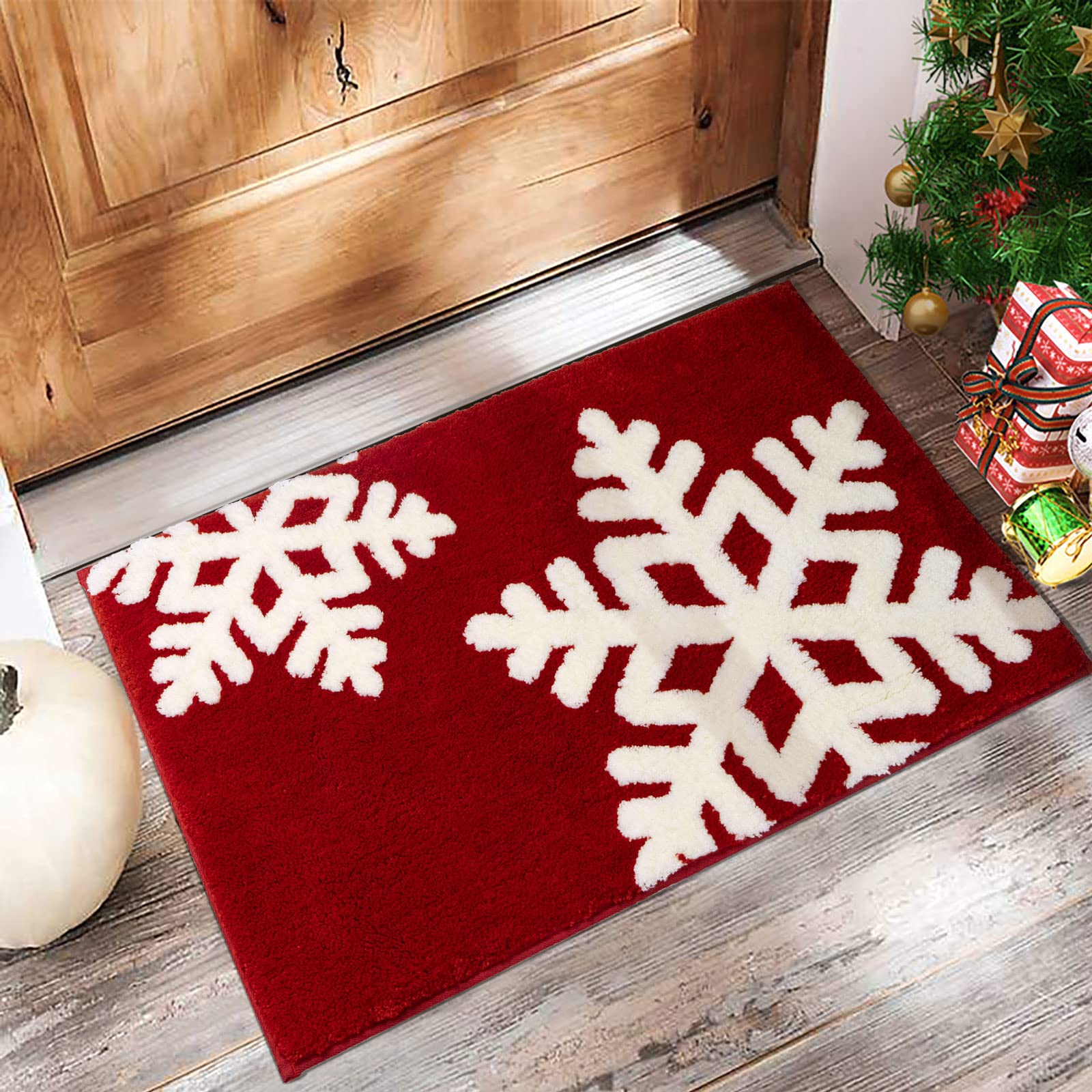 Christmas Bathroom Decor Red Bathroom Rugs Cute Bath Mat Non-Slip White Snow Christmas Home Decorations Microfiber Absorbent Sho